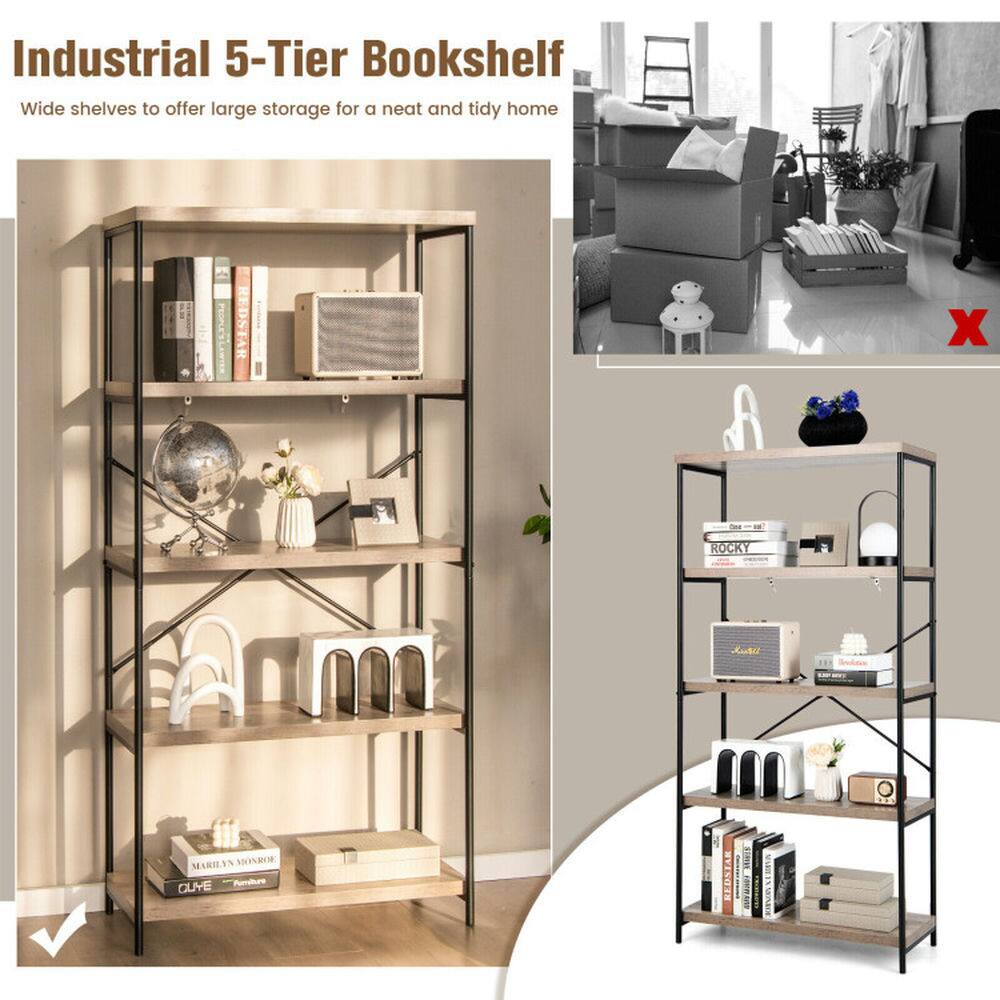 Industrial 5-Tier Bookshelf  
Wide shelves to offer large storage for a neat and tidy home  

REDSTAR A X ROCKY  
Autu MARILAN  
1ONROK  
GUYE  
nngot  
BEDAIA  
TEArO