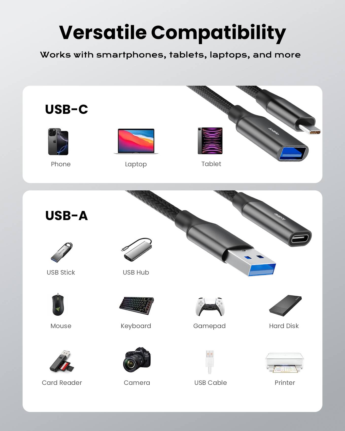 Versatile Compatibility  
Works with smartphones, tablets, laptops, and more  

USB-C  
- Phone  
- Laptop  
- Tablet  

USB-A  
- USB Stick  
- USB Hub  
- Mouse  
- Keyboard  
- Gamepad  
- Hard Disk  
- Card Reader  
- Camera  
- USB Cable  
- Printer