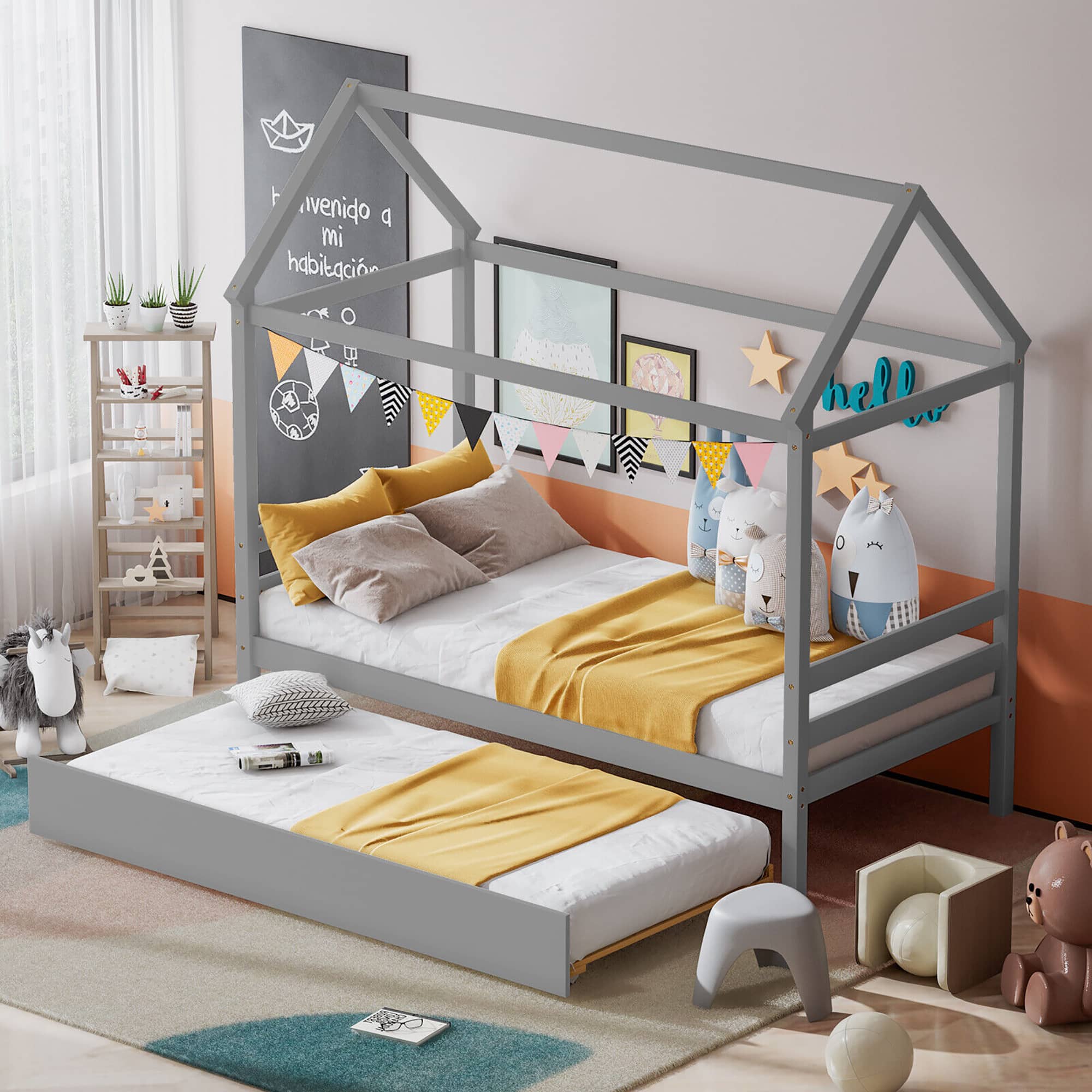 Gymax - Twin House Bed Frame w/ Trundle Roof Wooden Platform Mattress Foundation Grey - Gray price history on PriceWatchPro
