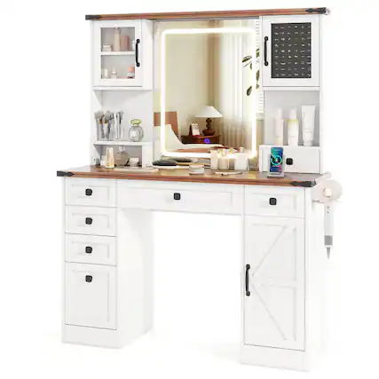 Front. SlickBlue - Farmhouse Vanity Table with Lighted Mirror and 3 Storage Compartments - White, Dark Brown.