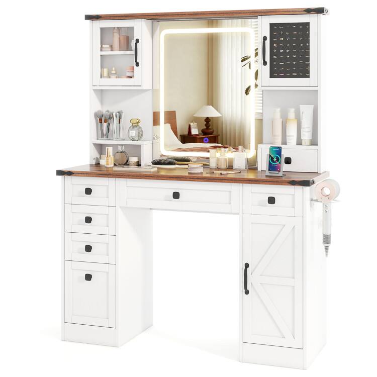 Front. SlickBlue - Farmhouse Vanity Table with Lighted Mirror and 3 Storage Compartments - White, Dark Brown.