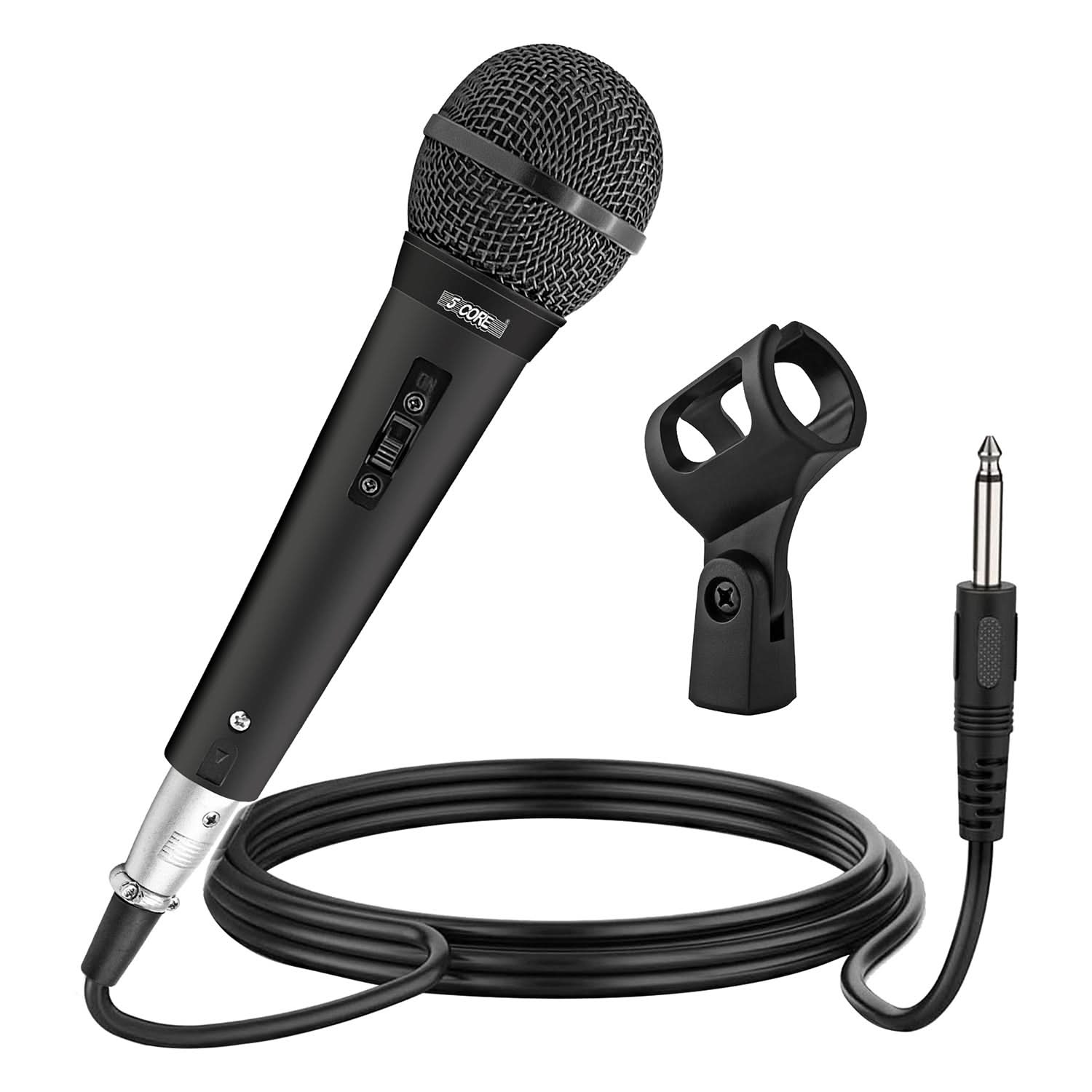 The image shows a black microphone with a metal grille and a cable. The microphone has a few buttons on its body, and there is a stand and an XLR connector included.