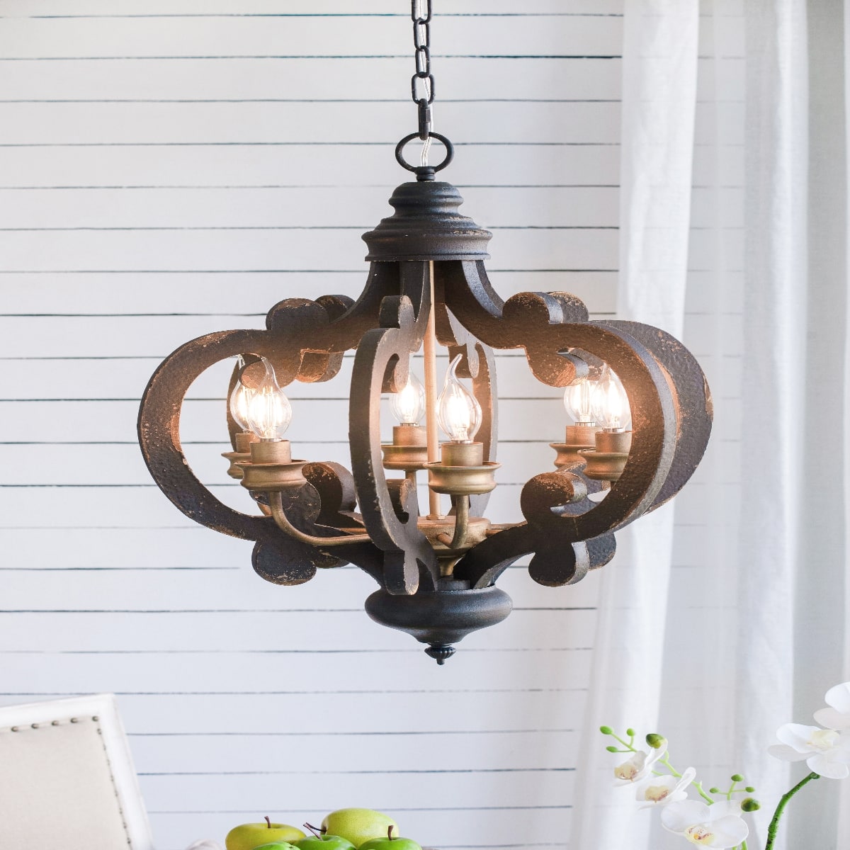 Loheer - Six Light French Country Wood Chandelier with Adjustable Chain for Kitchen or Foyer