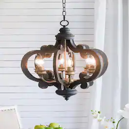 Loheer - Six Light French Country Wood Chandelier with Adjustable Chain for Kitchen or Foyer
