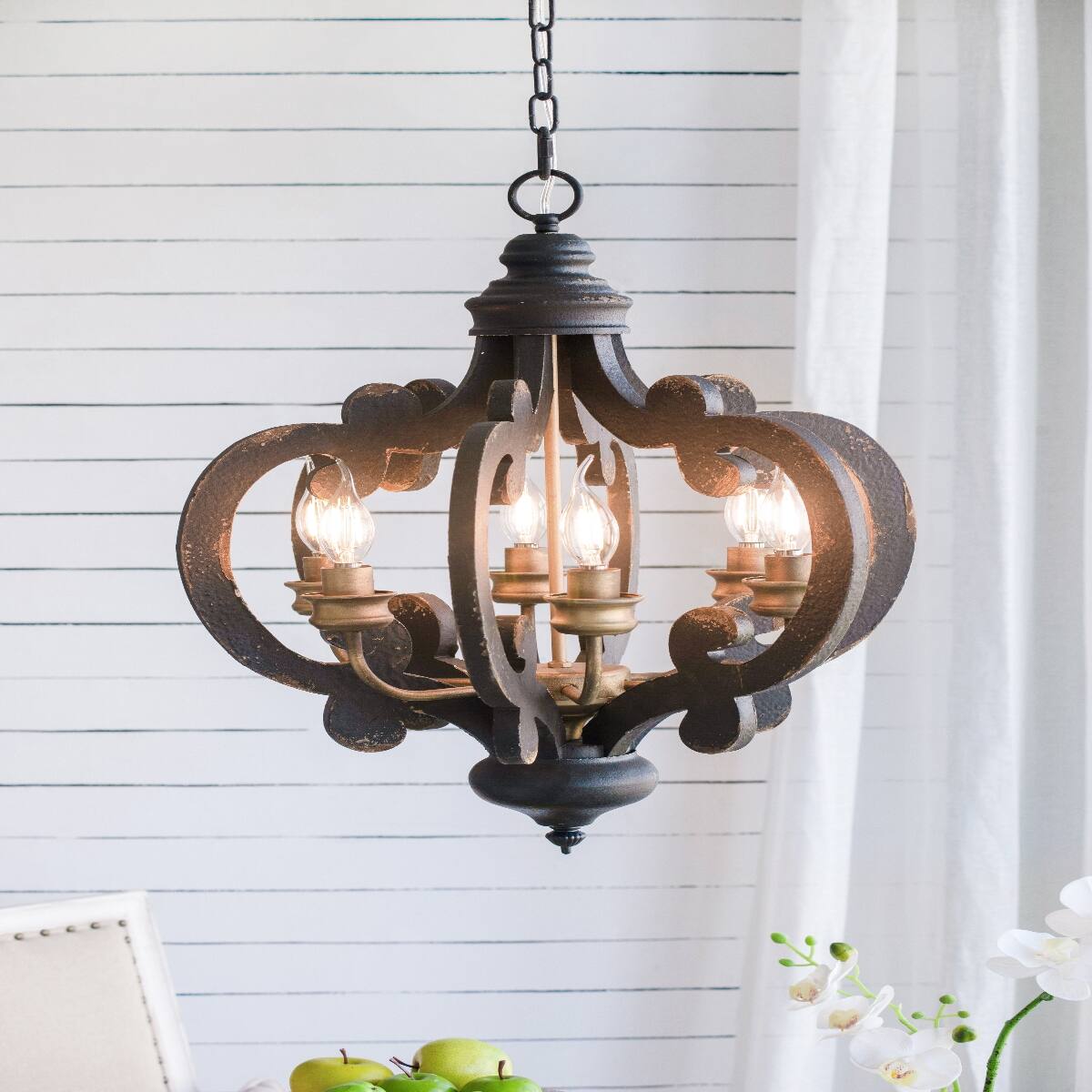 Front. Loheer - Loheer Six Light French Country Wood Chandelier with Adjustable Chain for Kitchen or Foyer.