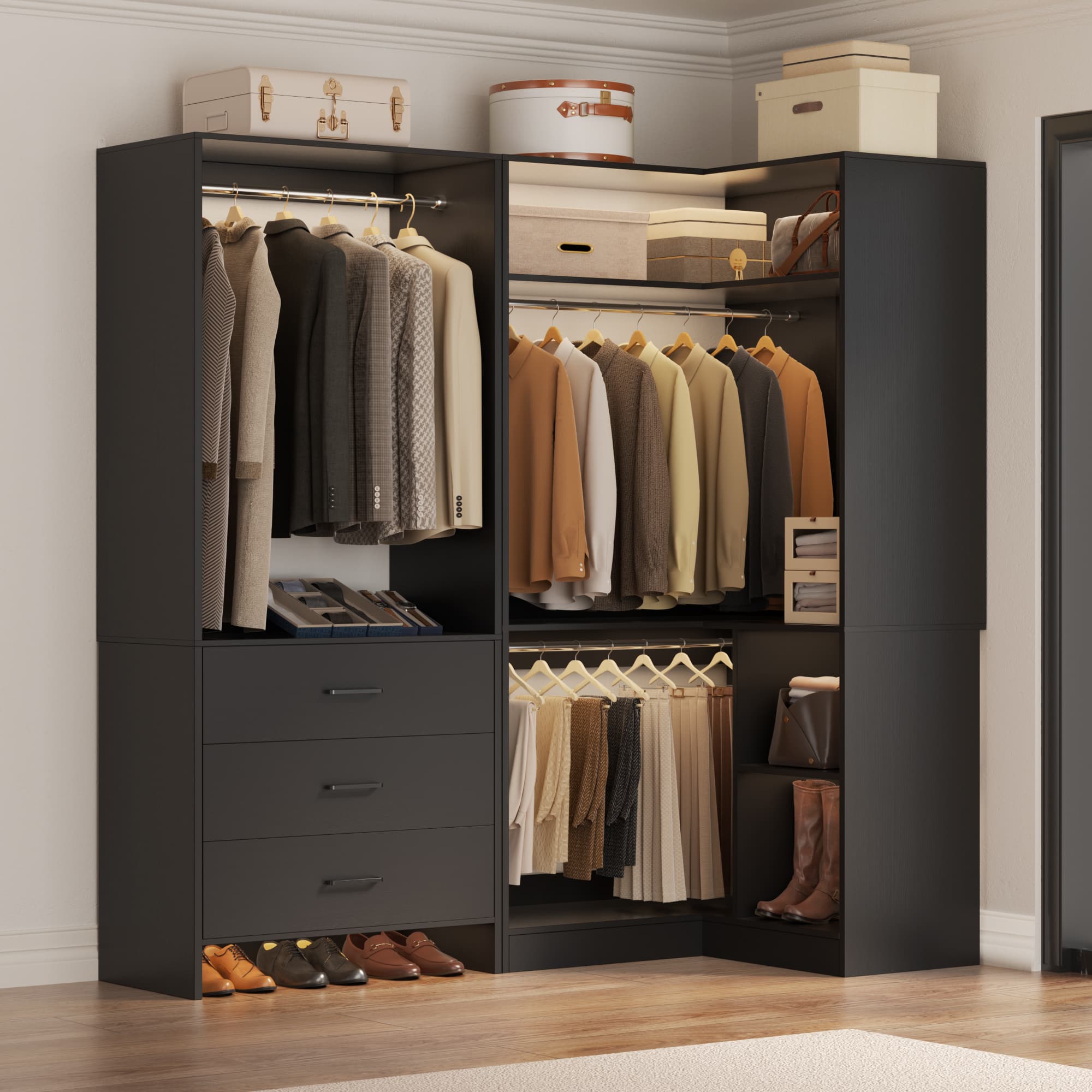 Front. Aheaplus - Corner Wardrobe Closet System - With 3 Drawers, 2 Hanging Rods and Open Storage Shelves - Black.