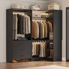 Aheaplus - Corner Wardrobe Closet System - With 3 Drawers, 2 Hanging Rods and Open Storage Shelves - Black