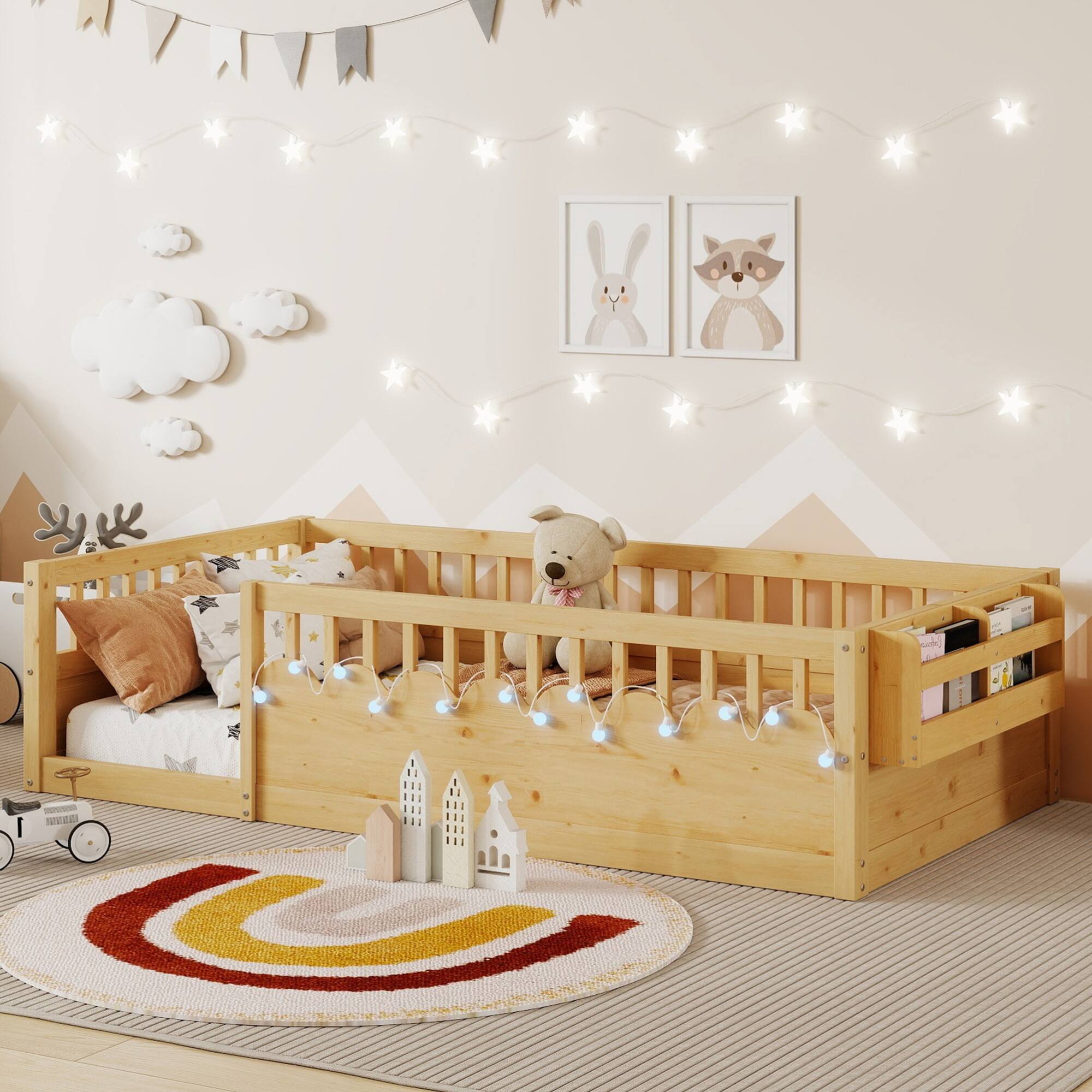Angle. GOODSILO - Twin Montessori Low Profile Floor Bed Frame with Safety Rails, LED Lighting and Storage Shelf for Children's Bedroom - Natural.