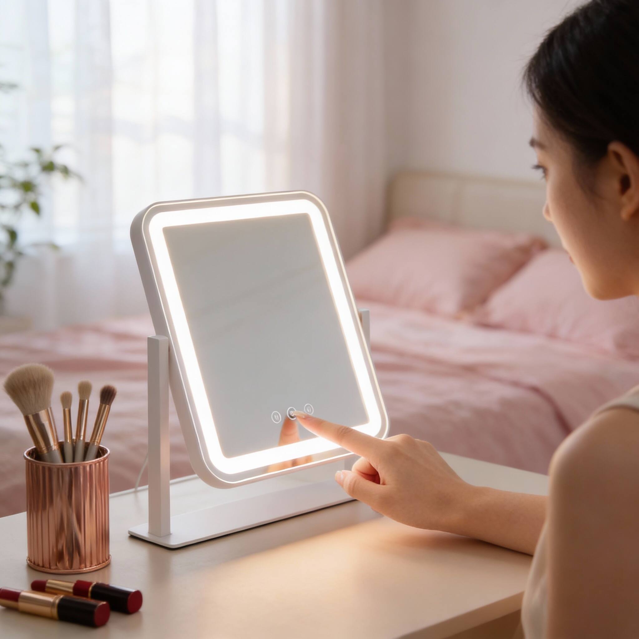 Alt View 1. PO3TICJUNKI3 - LED Vanity Mirror 3-Light Modes 5X Magnification Touch Control 360° Rotating - 14.1"L x 12"W.