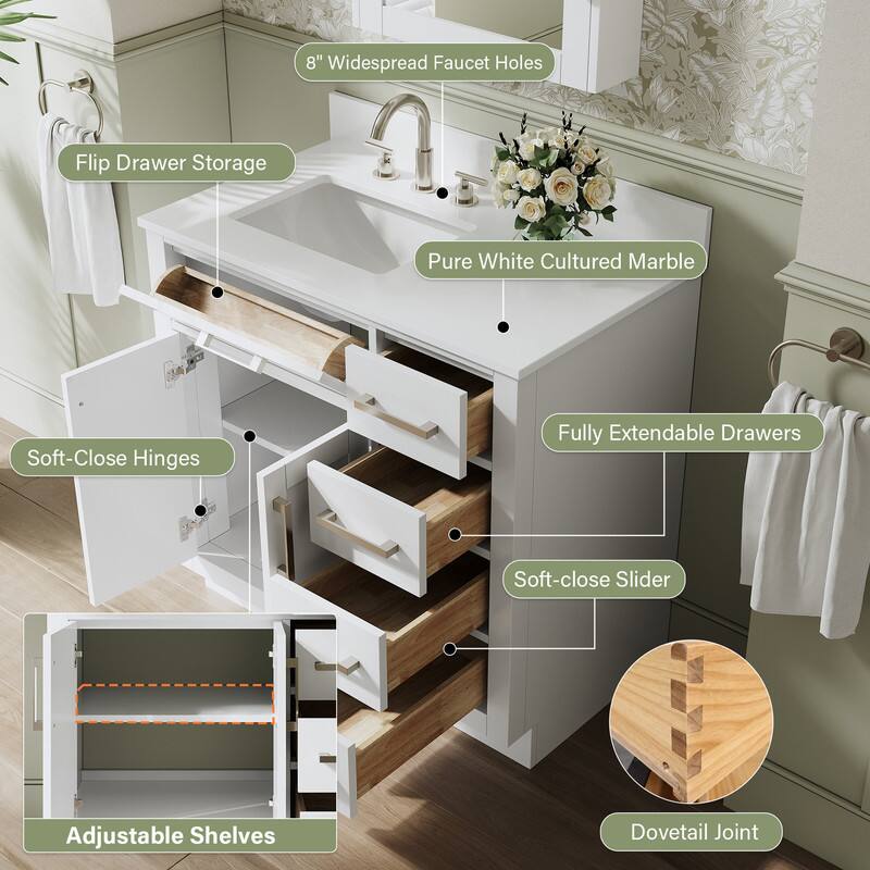 8" Widespread Faucet Holes  
Flip Drawer Storage  
Pure White Cultured Marble  
Soft-Close Hinges  
Fully Extendable Drawers  
Soft-close Slider  
Adjustable Shelves  
Dovetail Joint