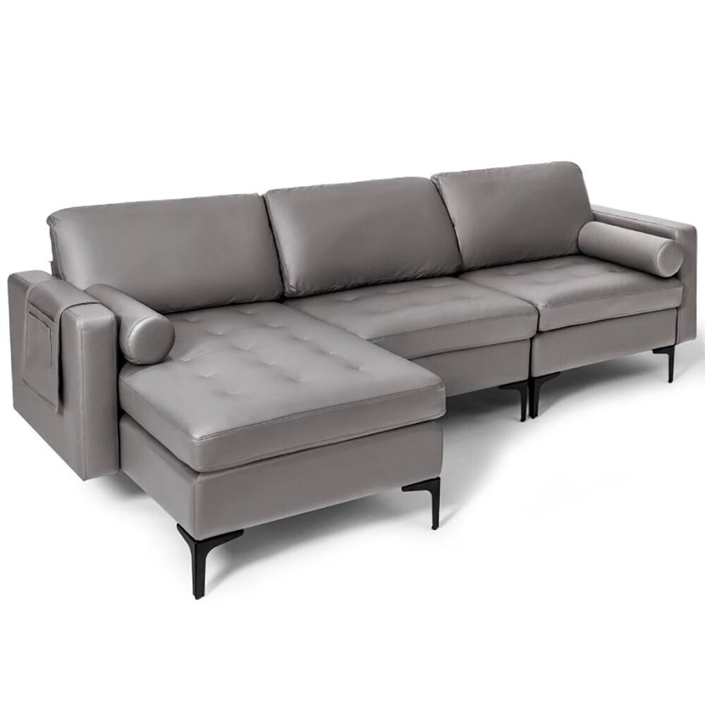 Kadyn - Modular L-shaped 3-Seat Sectional Sofa with Reversible Chaise and 2 USB Ports-Light Gray, Sectional Sofa - Gray