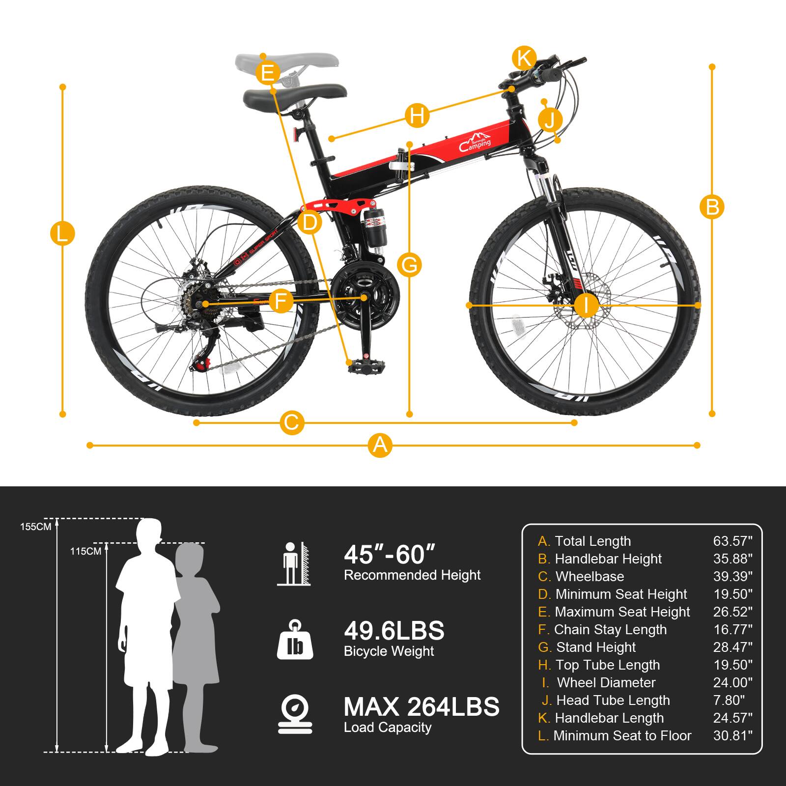 Sure, here is the corrected and grouped text from the image:

---

**E K H Camping**

**N J L D G TETS B F | C A**

**155CM 115CM 45"-60" Recommended Height**

**49.6LBS Bicycle Weight**

**MAX 264LBS Load Capacity**

**A. Total Length 63.57"**

**B. Handlebar Height 35.88"**

**C. Wheelbase 39.39"**

**D. Minimum Seat Height 19.50"**

**E. Maximum Seat Height 26.52"**

**F. Chain Stay Length 16.77"**

**G. Stand Height 28.47"**

**H. Top Tube Length 19.50"**

**I. Wheel Diameter 24.00"**

**J. Head Tube Length 7.80"**

**K. Handlebar Length 24.57"**

**L. Minimum Seat to Floor 30.81"**

---

**Specifications:**

- **Total Length:** 63.57"
