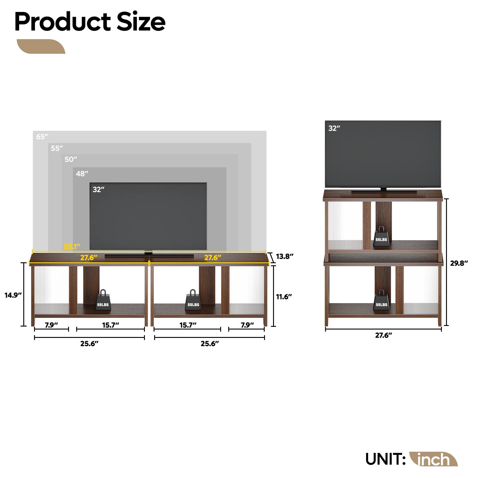 Product Size:

* 65"
* 55"
* 50"
* 32"
* 48"
* 32"
* 55.1"
* 27.6"
* 27.6"
* 13.8"
* SSLBS: 29.8"
* SILBS: 14.9"
* SOLES: 11.6"
* SELES: 7.9"
* 15.7"
* 25.6"
* 15.7"
* 25.6"
* 7.9"
* 27.6"
* UNIT: inch