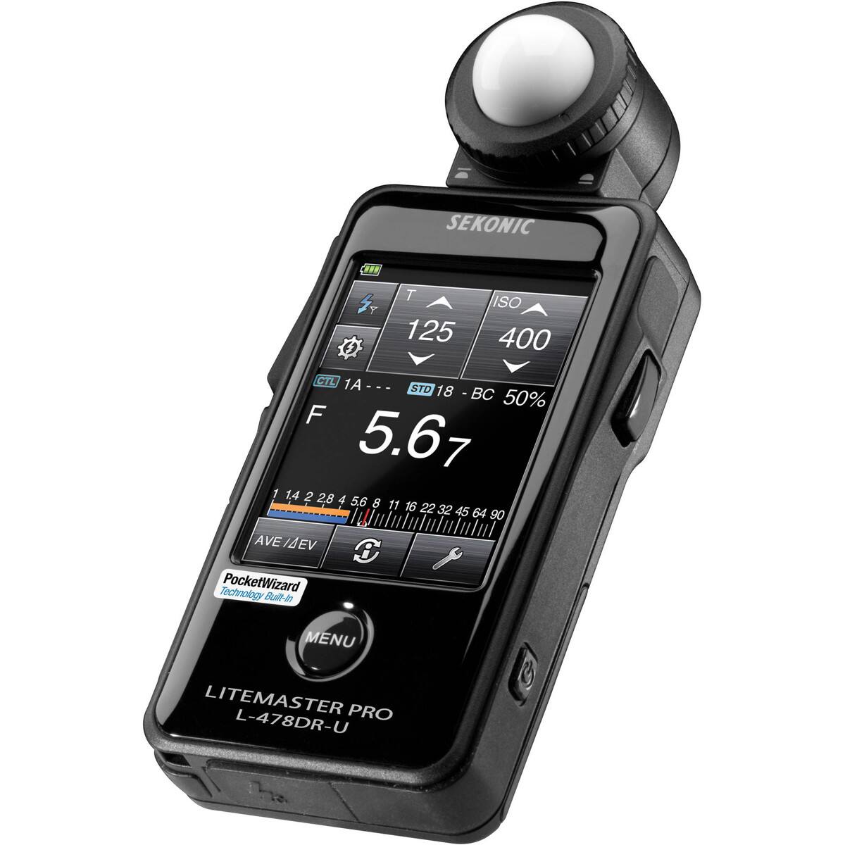 SEKONIC CEES T 125 ISO 400 CTL 1A - STD 18 - BC 50% F 5.67 1 14 2 2.8 4 5.6 8 11 16 22 32 45 64 90 A AVE MEV

PocketWizard Technology Built-in

MENU

LITEMASTER PRO L-478DR-U