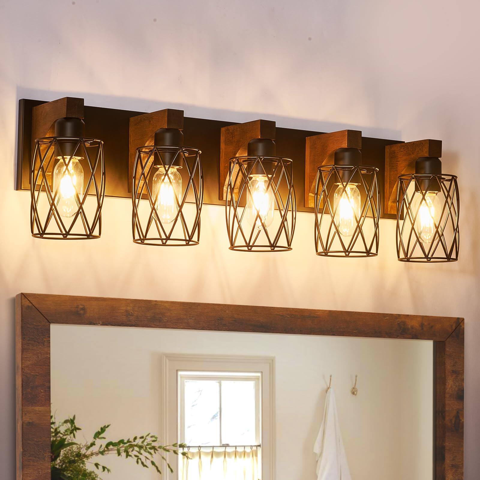 Front. Dazzling Pops - Farmhouse Bathroom Vanity Light Wood Fixtures Over Mirror Industrial Lights With Metal Shade Rustic Lightin - 5-Light.