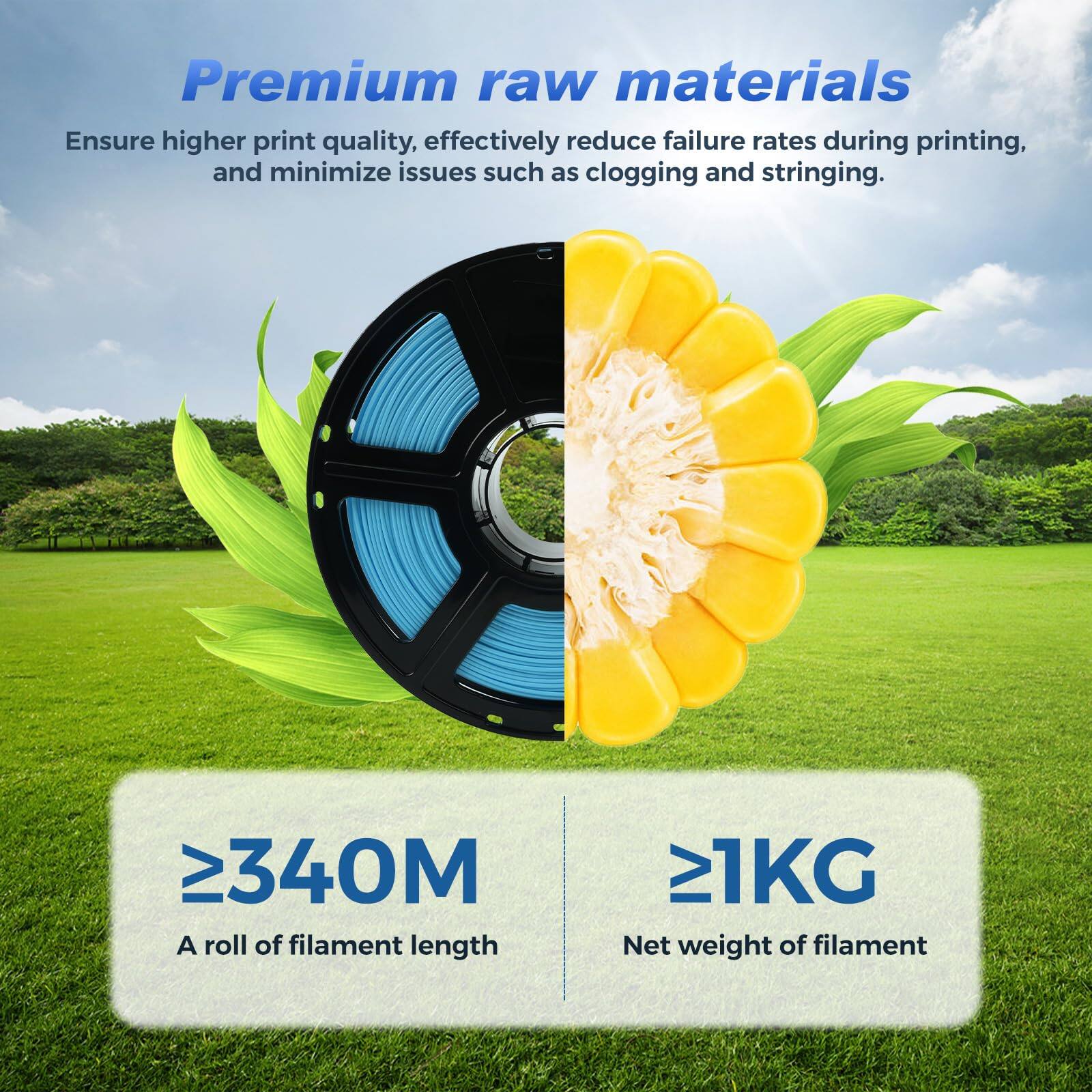 Premium raw materials  
Ensure higher print quality, effectively reduce failure rates during printing, and minimize issues such as clogging and stringing.  

≥340M  
A roll of filament length  

≥1KG  
Net weight of filament