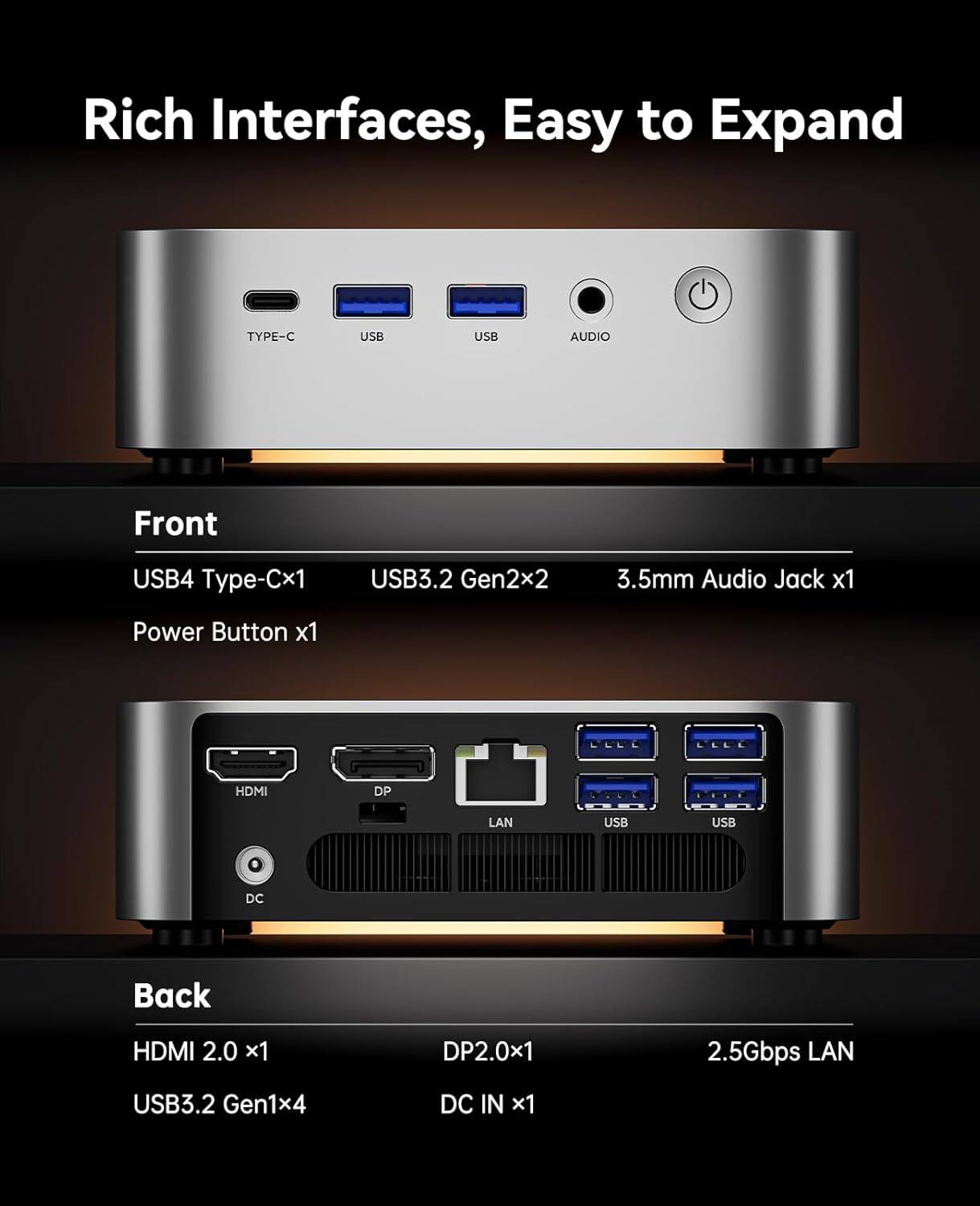 Rich Interfaces, Easy to Expand

Front
- USB4 Type-C x1
- USB3.2 Gen2x2
- 3.5mm Audio Jack x1
- Power Button x1

Back
- HDMI 2.0 x1
- DP2.0 x1
- 2.5Gbps LAN
- USB3.2 Gen1x4
- DC IN x1