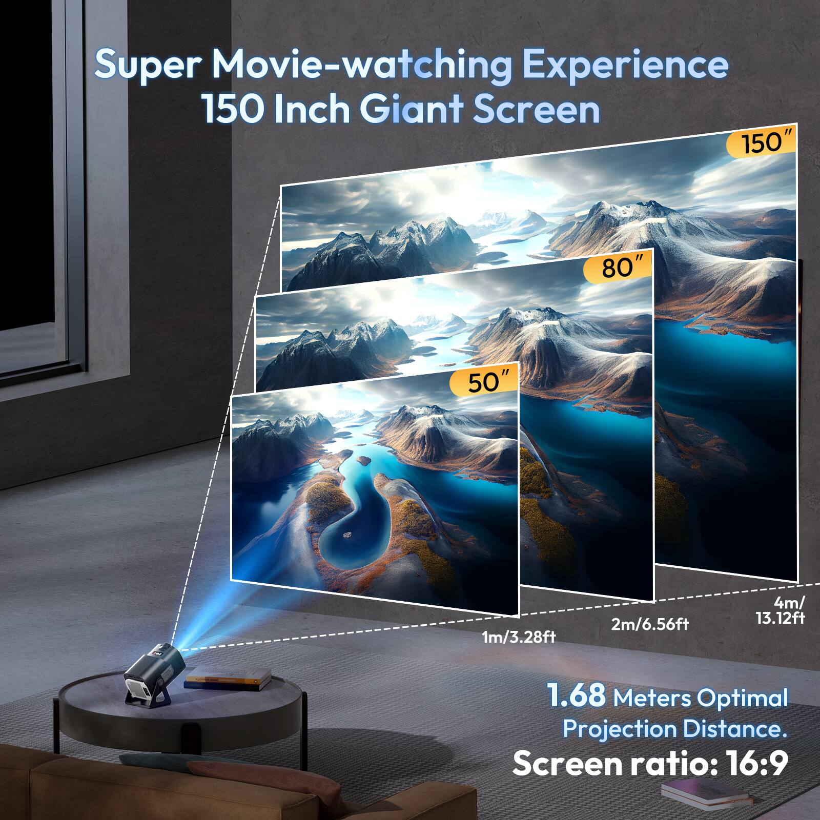Super Movie-watching Experience  
150 Inch Giant Screen  

150"  
80"  
50"  

1m/3.28ft  
2m/6.56ft  
4m/13.12ft  

1.68 Meters Optimal Projection Distance.  
Screen ratio: 16:9