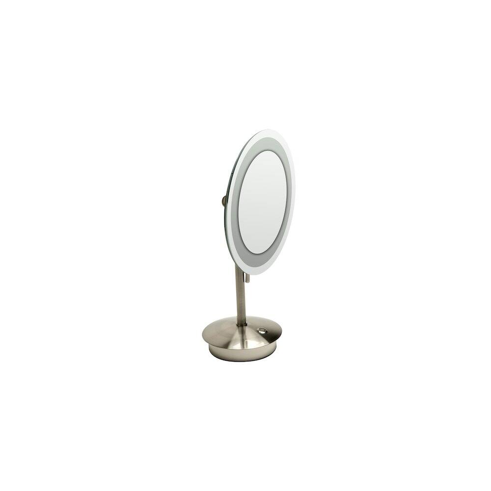 Front. Alfi - Brushed Nickel Tabletop Round 9" 5x Magnifying Cosmetic Mirror with Light - Silver.
