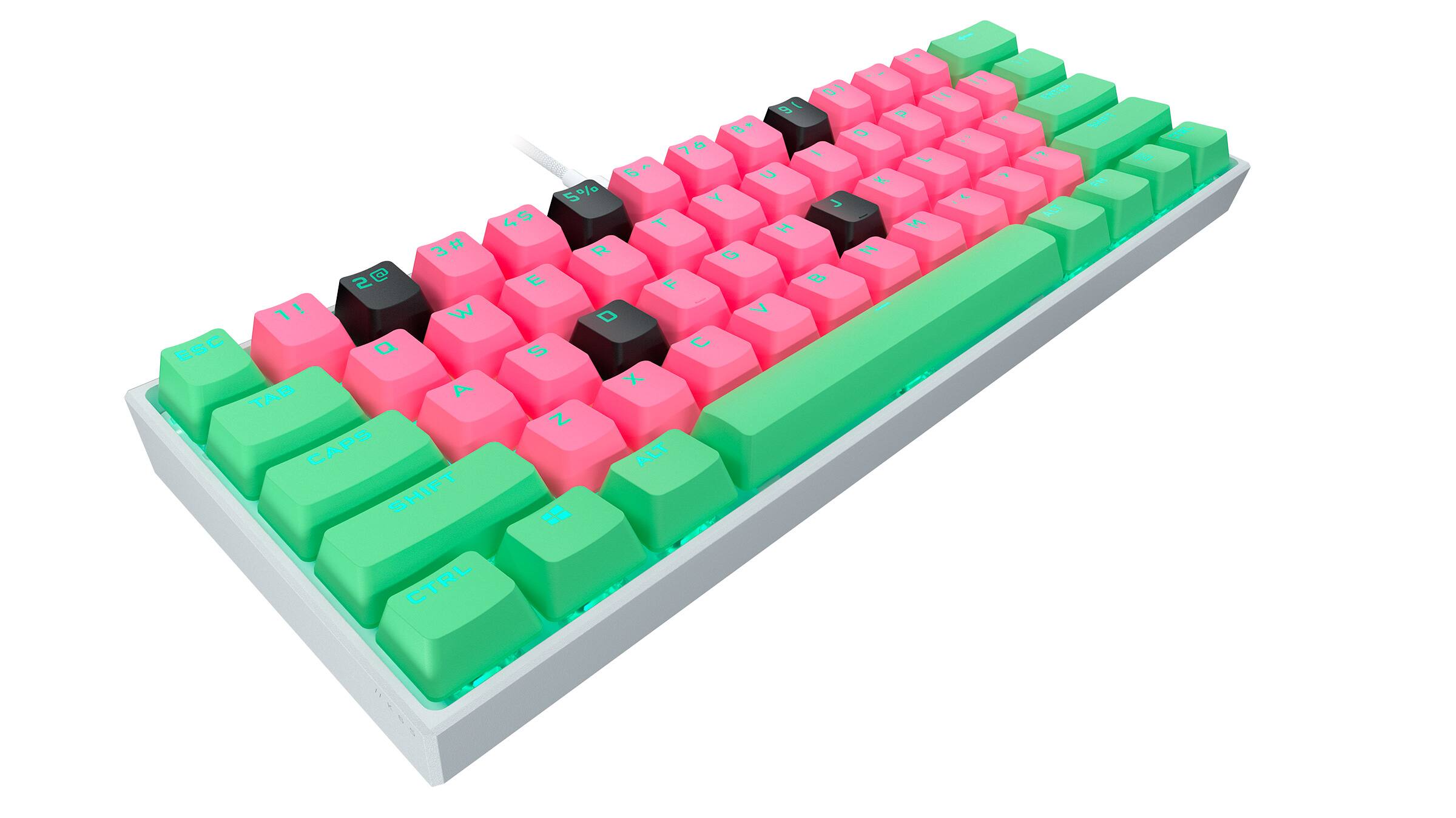 Angle. CORSAIR - K65 RGB Mini Wired 60% Mechanical Cherry MX SPEED Linear Switch Gaming Keyboard with PBT Double-Shot Keycaps - Flavor Rush Watermelon Blast.