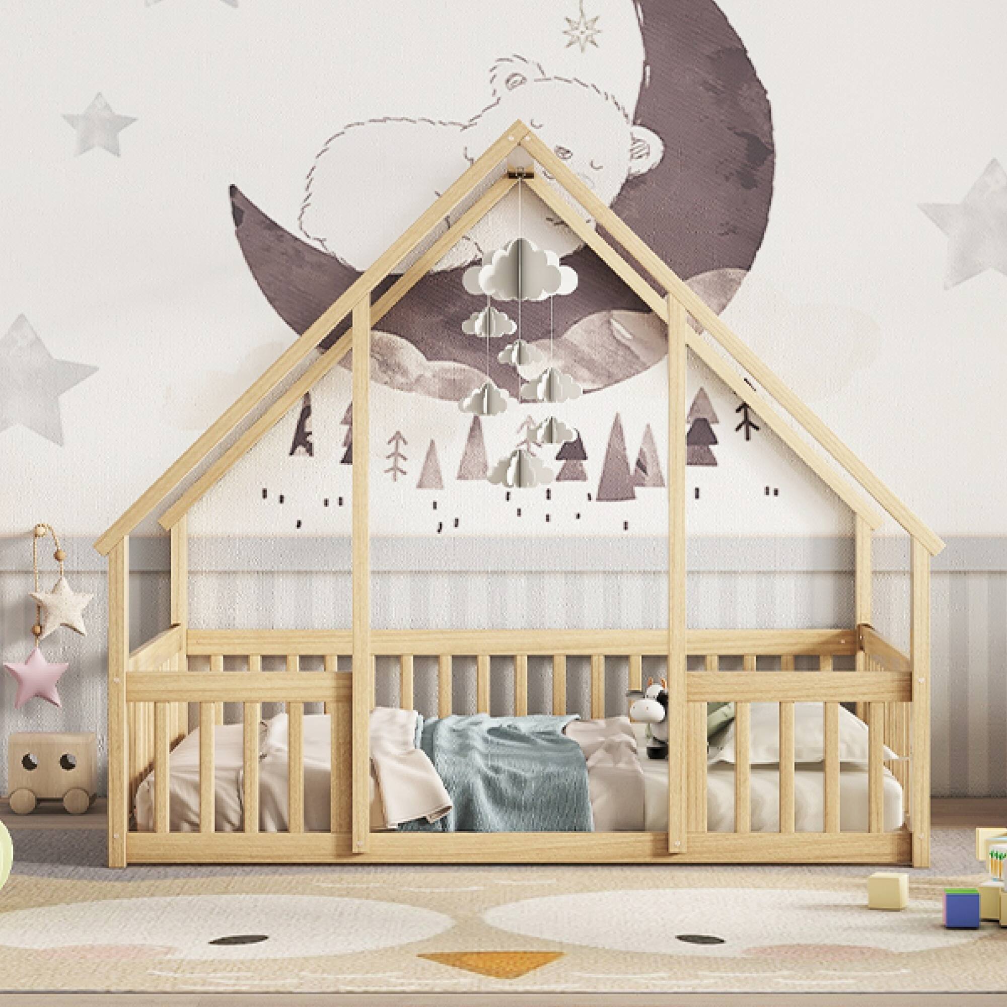 Alt View 10. GOODSILO - House-Shaped Floor Bed with Protective Fence and Guardrails for Children's Bedroom - Natural.