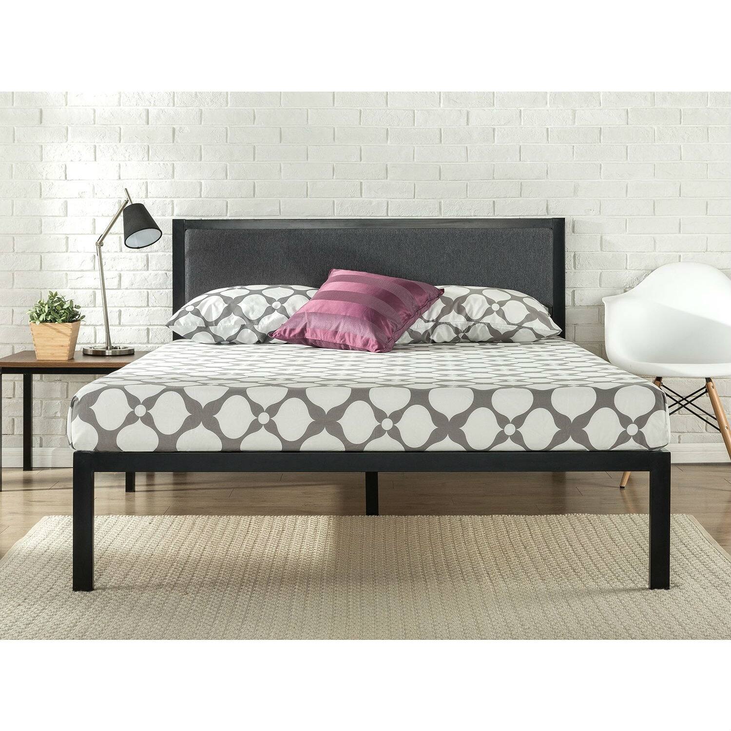 Angle. Hivvago - Hivvago King size Metal Platform Bed Frame with Wood Slats and Upholstered Headboard - Black.
