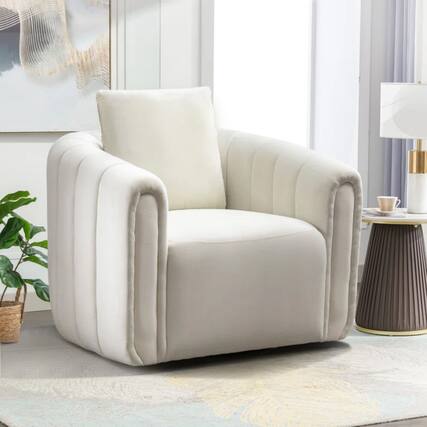 Front. Bestier - 30.5" Wide Modern Soft Velvet Upholstered Swivel Armrest Barrel Chair with Pillow - Beige.