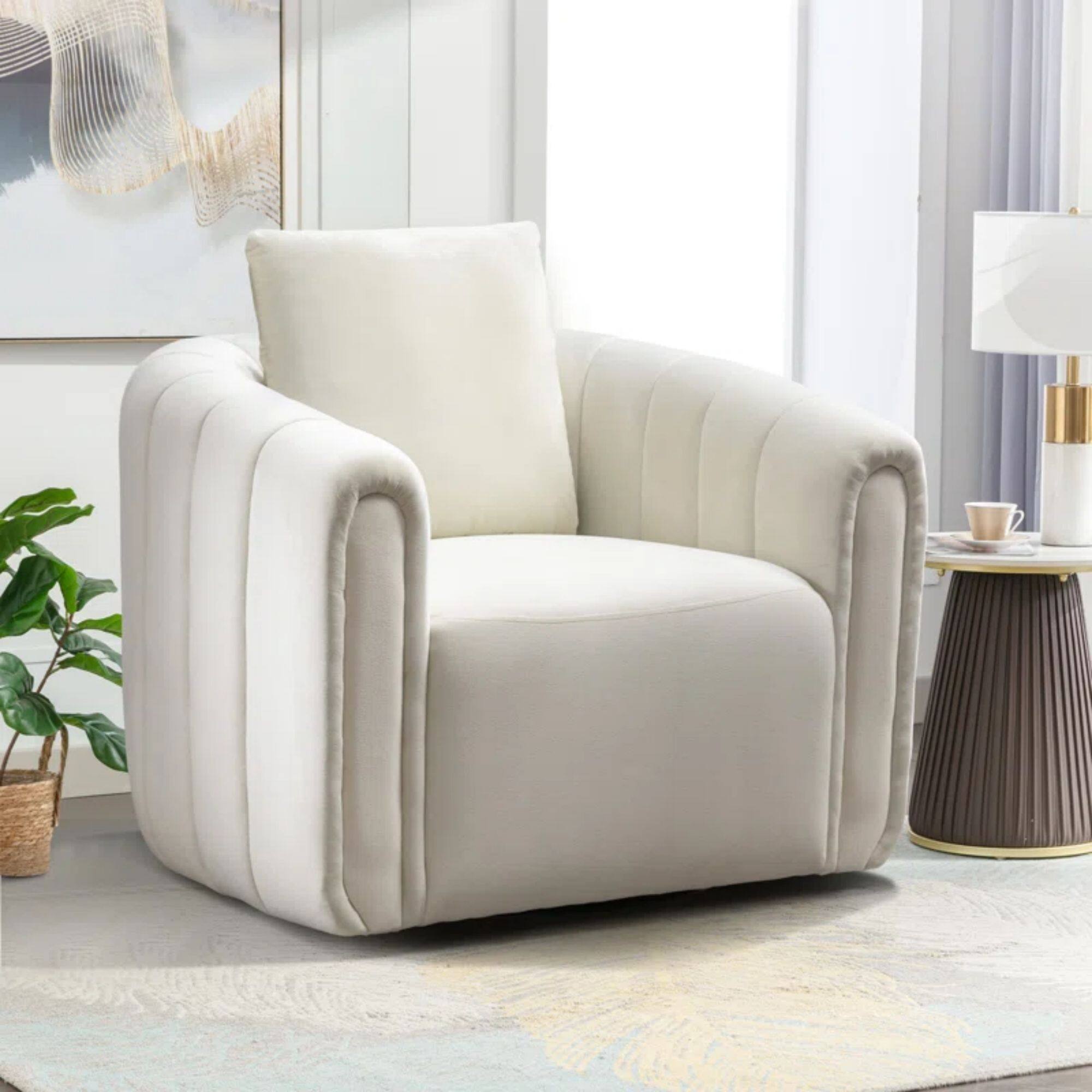 Bestier - 30.5" Wide Modern Soft Velvet Upholstered Swivel Armrest Barrel Chair with Pillow - Beige