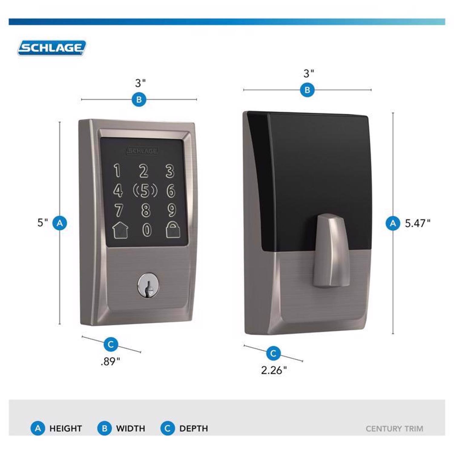 Schlage Encode Plus Metal Wi Fi Deadbolt with Century Trim Satin