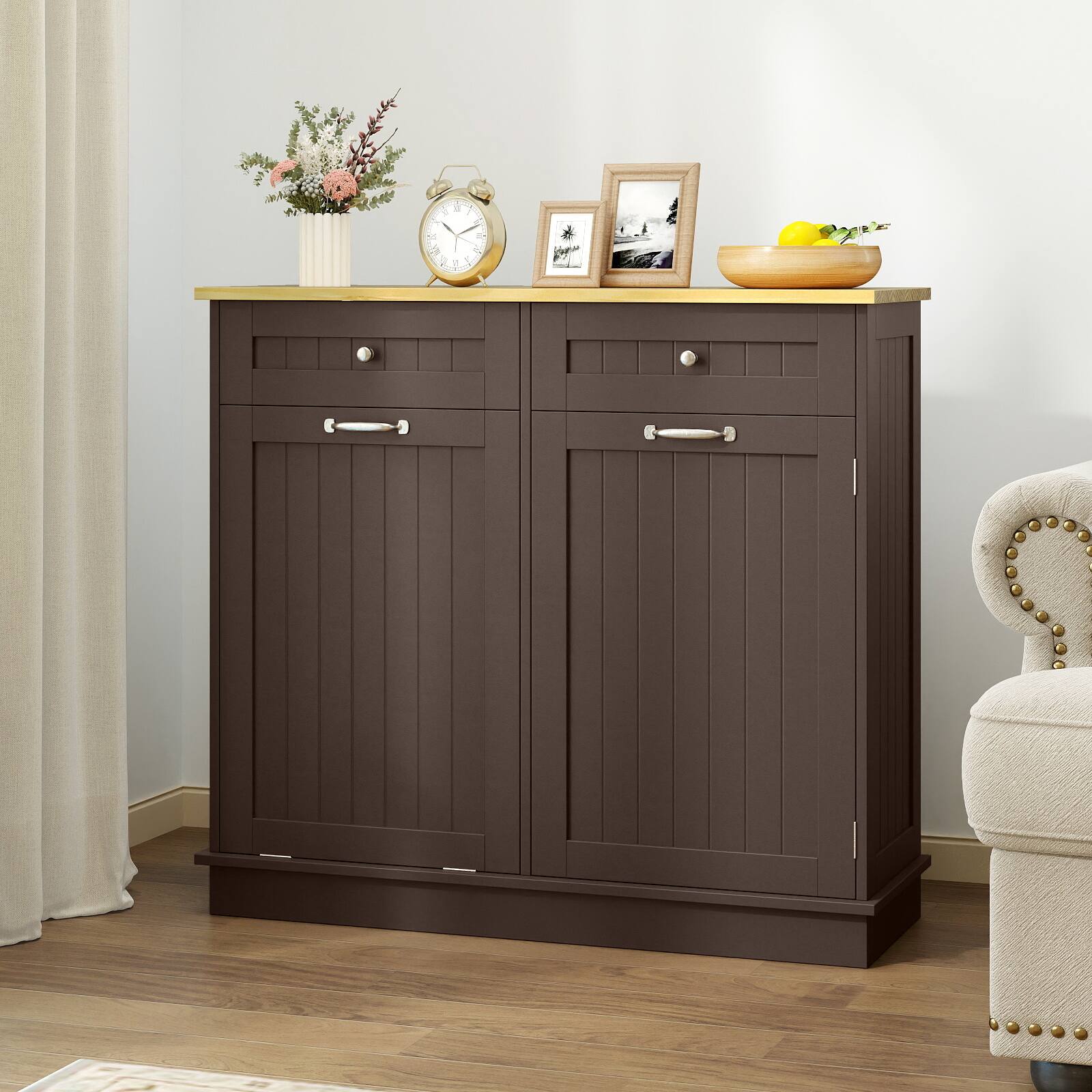 Alt View 4. Costway - Costway Wooden Kitchen Trash Cabinet Tilt Out Bin Holder with Drawer & Storage Shelf - Coffee.