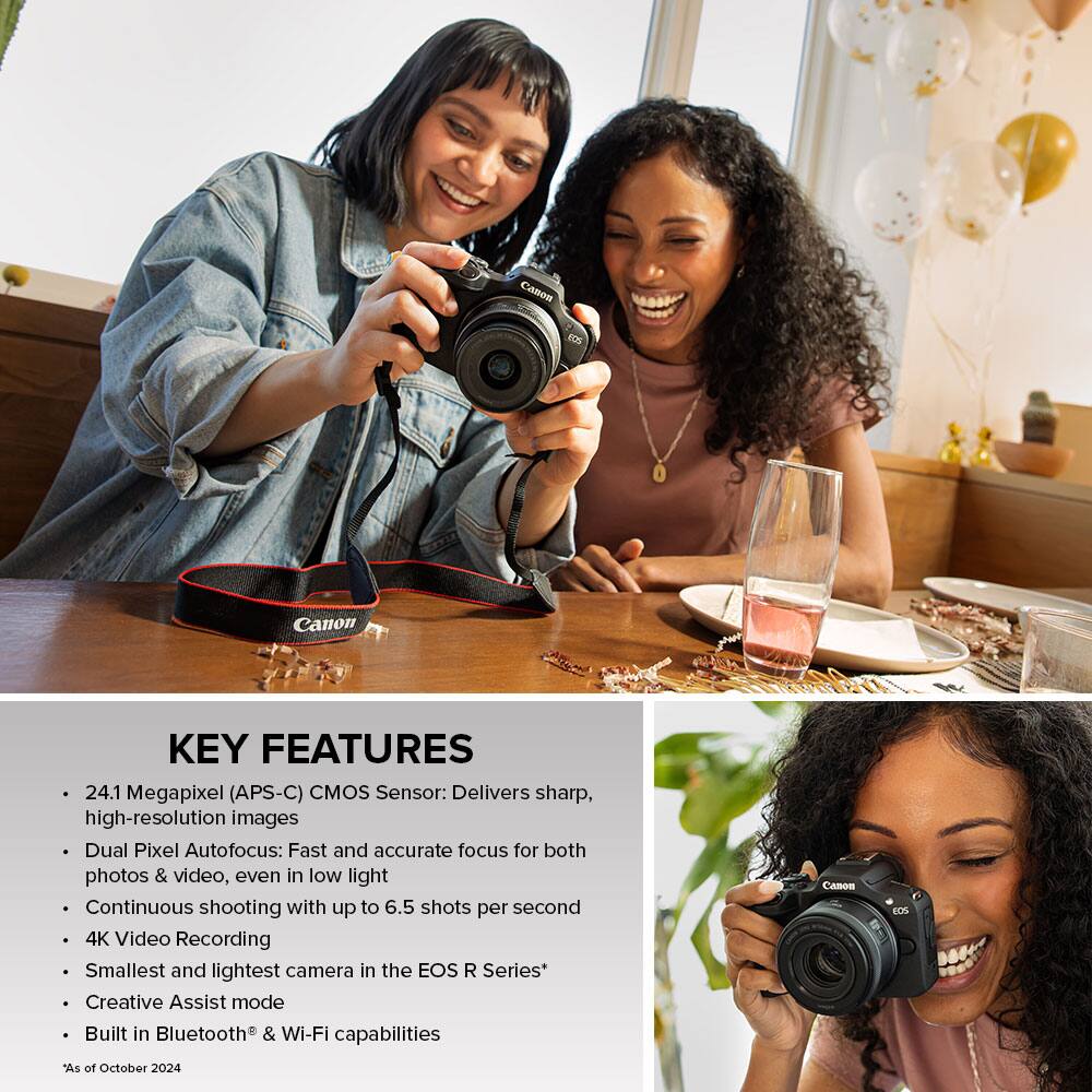 Canon Key Features:

* 24.1 Megapixel (APS-C) CMOS Sensor: Delivers sharp, high-resolution images
* Dual Pixel Autofocus: Fast and accurate focus for both photos & video, even in low light
* Continuous shooting with up to 6.5 shots per second
* 4K Video Recording
* Smallest and lightest camera in the EOS R Series*
* Creative Assist mode
* Built in Bluetooth & Wi-Fi capabilities
* As of October 2024