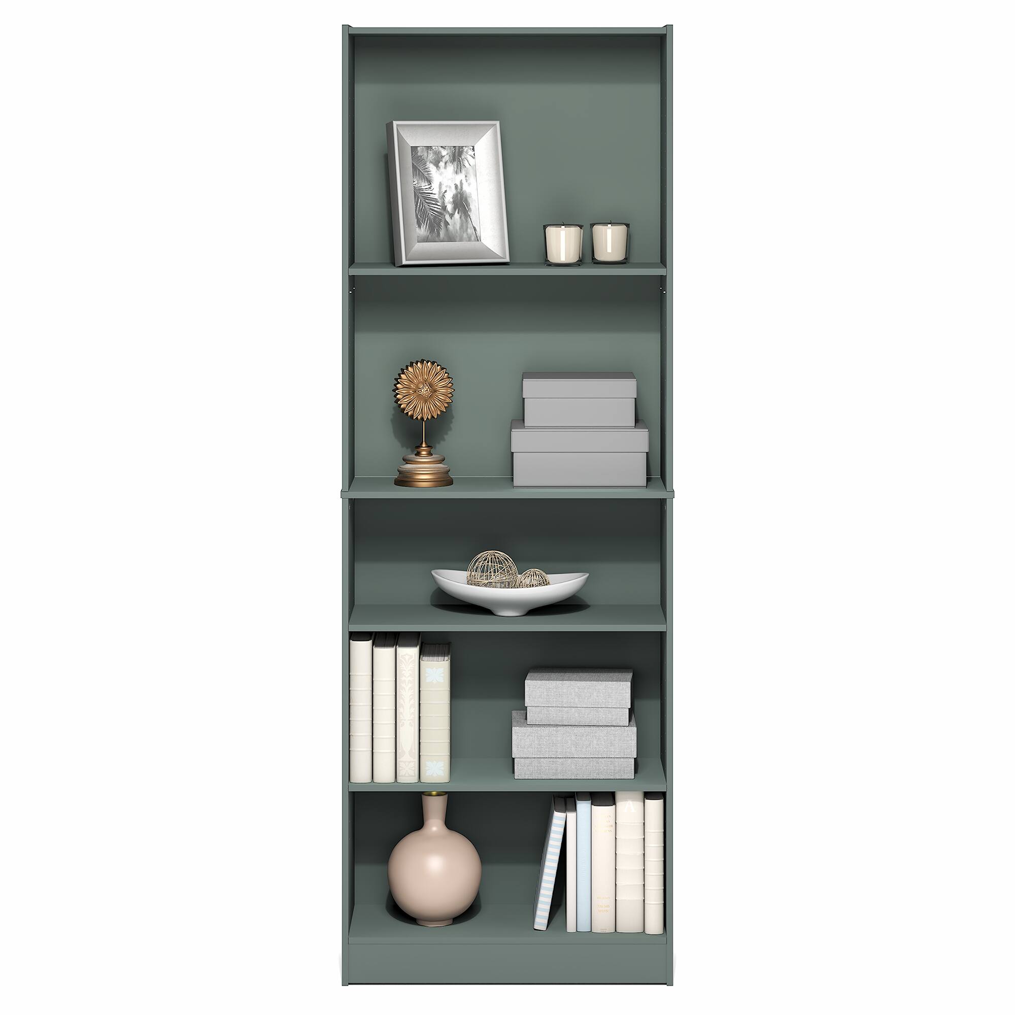 Alt View 3. Furinno - JAYA Book Shelf, 5-Tier Bookshelf, Bookcase, with Adjustable Shelves, 9.5 x 24.5 x 71, for Home Office, Living Room - Sage Green.