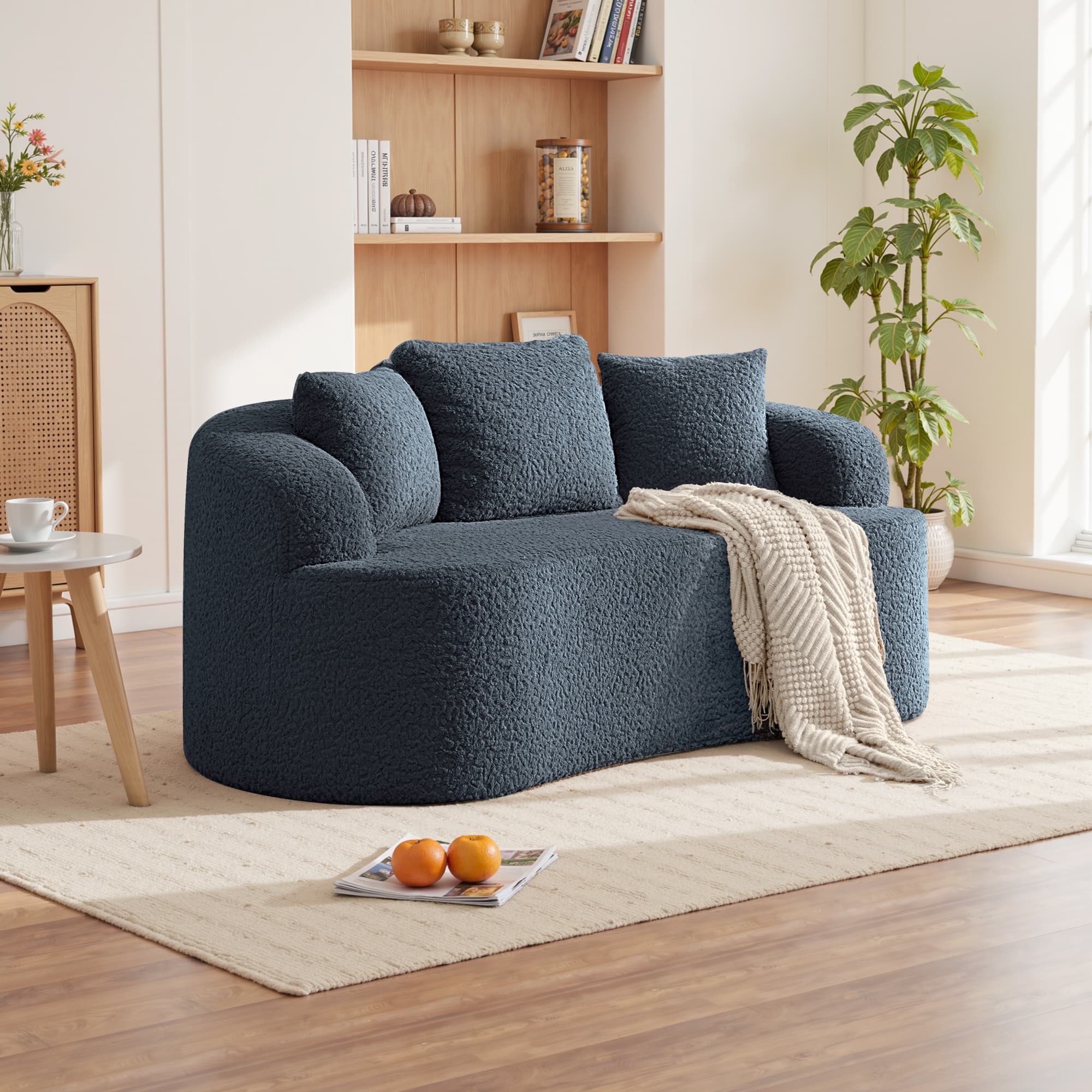 KERDOM - 65" Boucle Curved Loveseat Sofa with Pillows for Living Room, Apartment, Small Space, Teddy Plush Floor Couch No Install - Blue