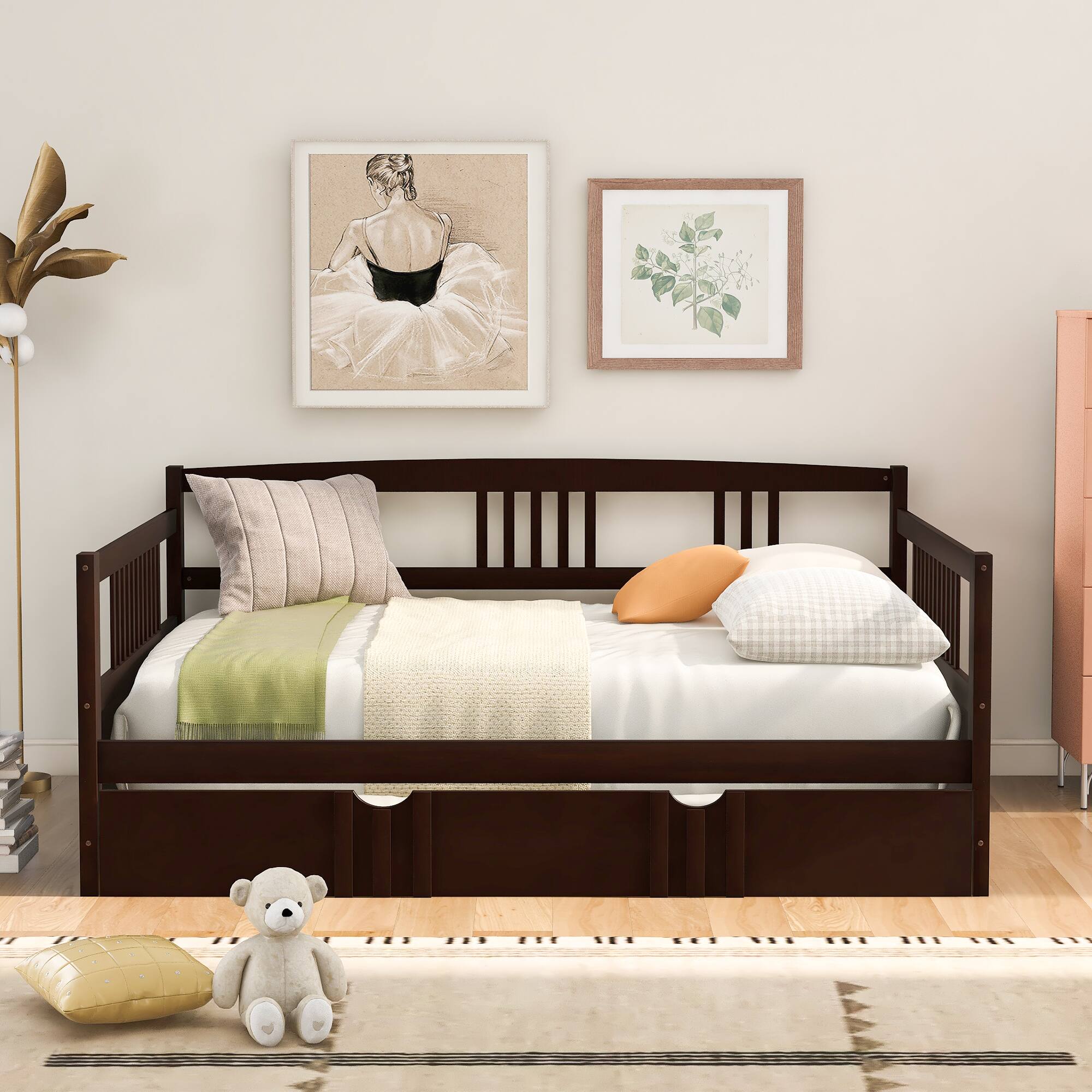 Angle. Tiramisubest - Full Size Daybed Wood Bed with Twin Size Trundle,Espresso - Espresso.