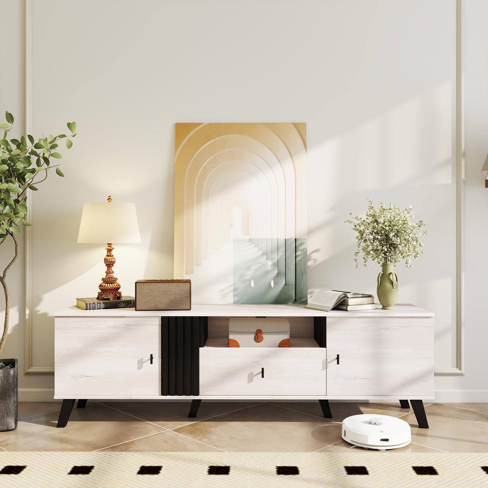 Alt View 8. Ecooso - Mid-Century Modern TV Stand Entertainment Center for TVs up to 80 Inch - Oak + Black.