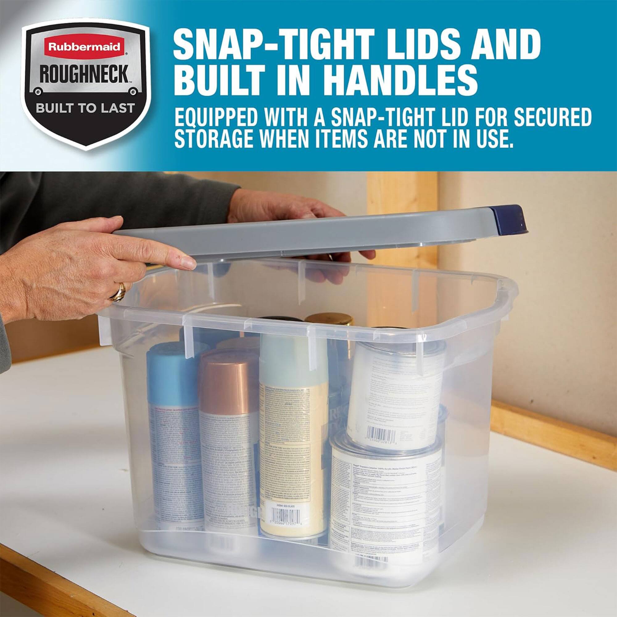 Rubbermaid Roughneck Built to Last

Snap-Tight Lids and Built-In Handles

Equipped with a snap-tight lid for secured storage when items are not in use.
