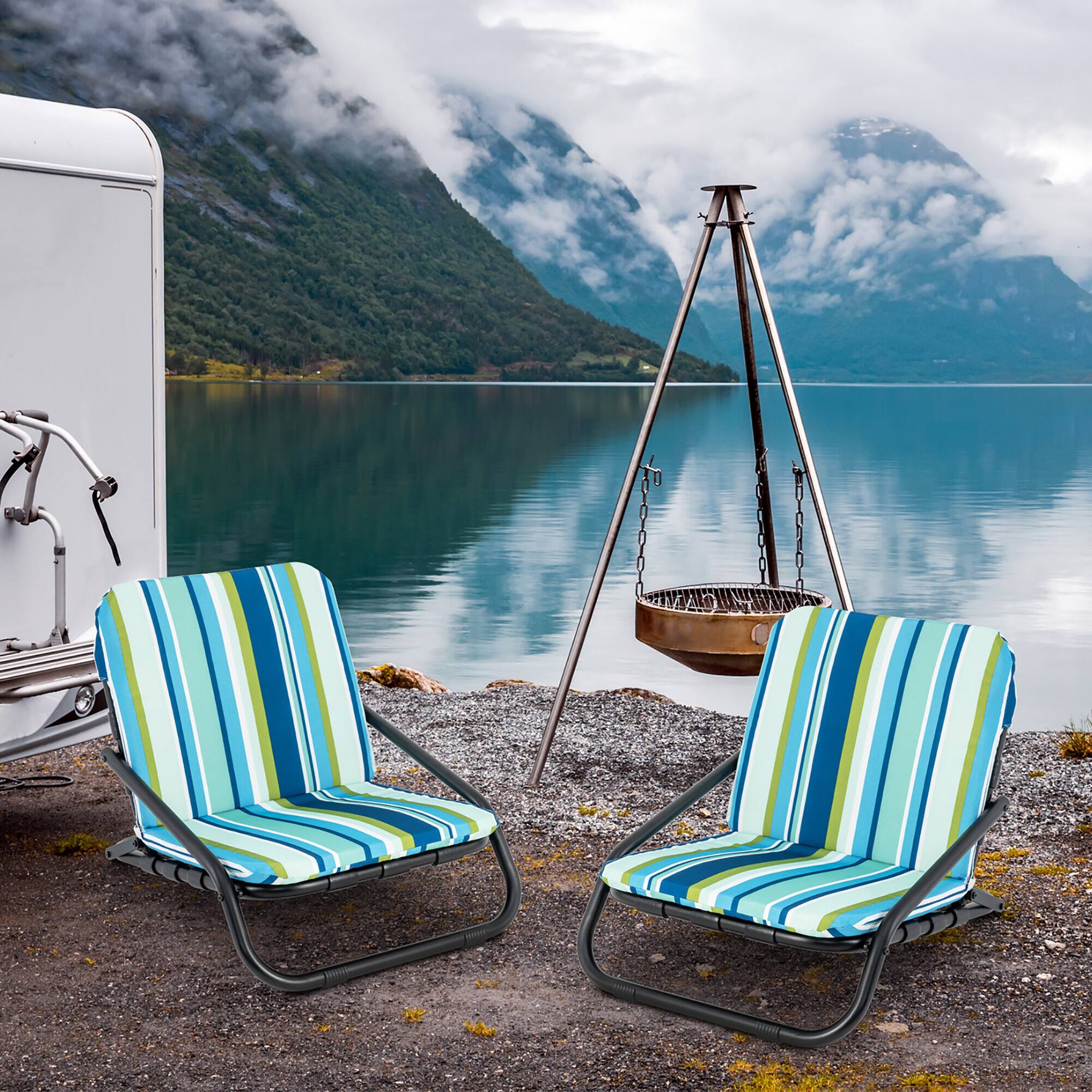 Alt View 3. Gymax - Gymax Low Beach Chairs for Adults 2 Pack w/ Aluminum Frame and Soft Cushion 300 LBS - Blue Strip.
