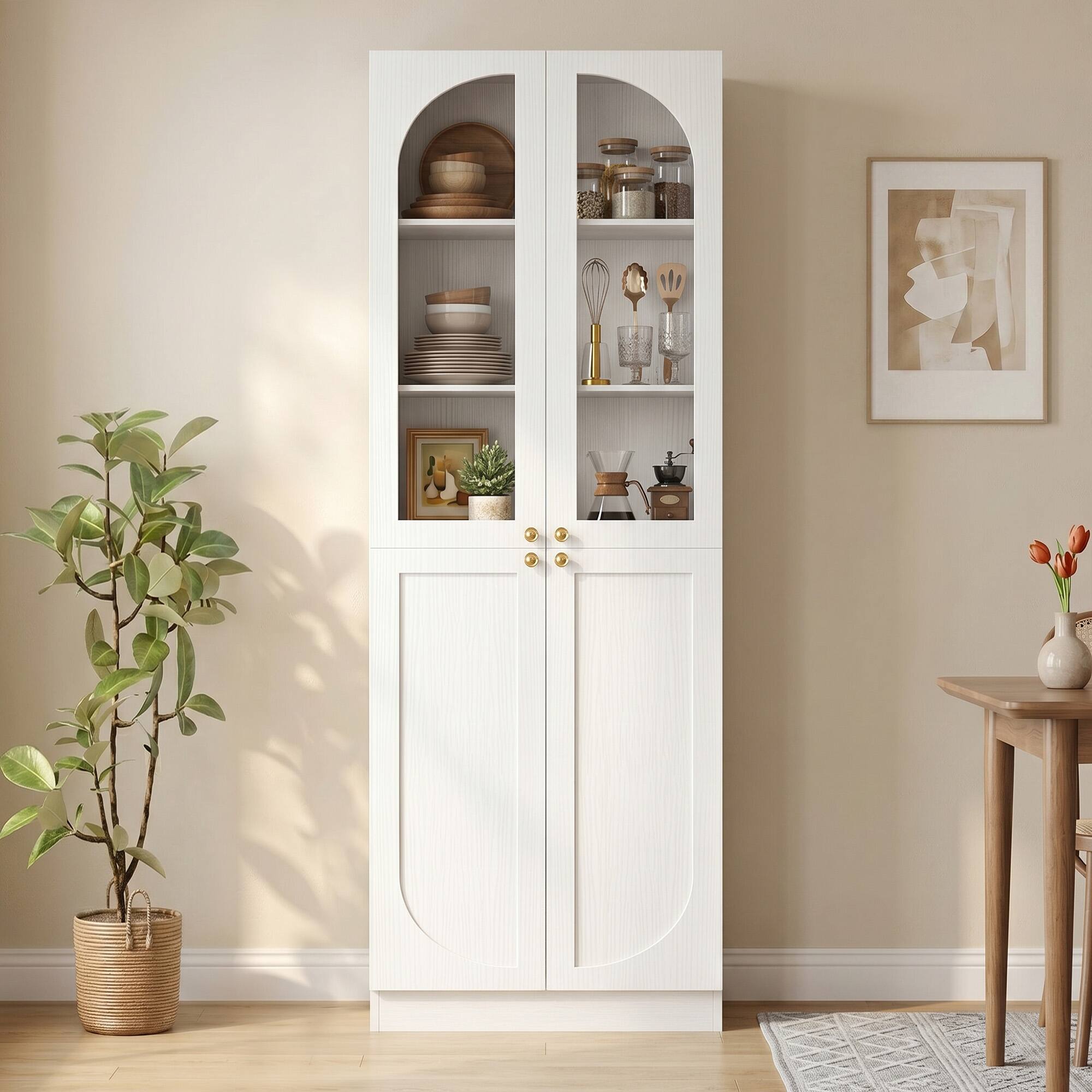 Alt View 2. Aheaplus - 80'' Tall Bathroom Storage Cabinet, 6-Tier Linen Cabinet with Glass Doors and Adjustable Shelves - White.