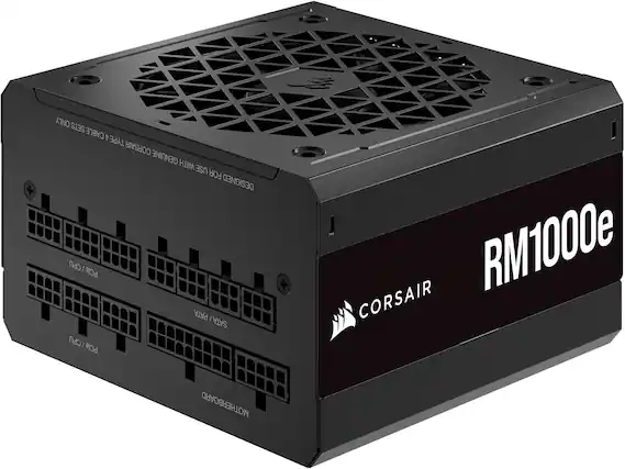The text on the image reads: "Only sets cable 1 type Corsair genuine with use for designed CPU I PCle PATA I SATA PCle/CPU CPU I PCle RM1000e Corsair motherboard." This text is describing the features of the Corsair motherboard, which includes support for various types of storage devices such as PATA, SATA, and PCle. The motherboard is designed for use with a CPU and is compatible with both PCle and CPU.