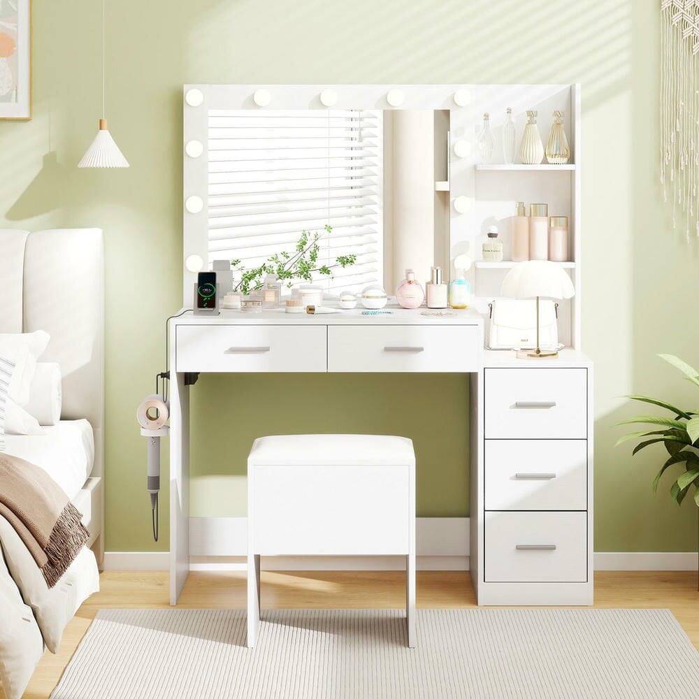 Alt View 1. Kadyn - Makeup Vanity Set - Dressing Table, Cushioned Stool, Hair Dryer Stand - White - White.