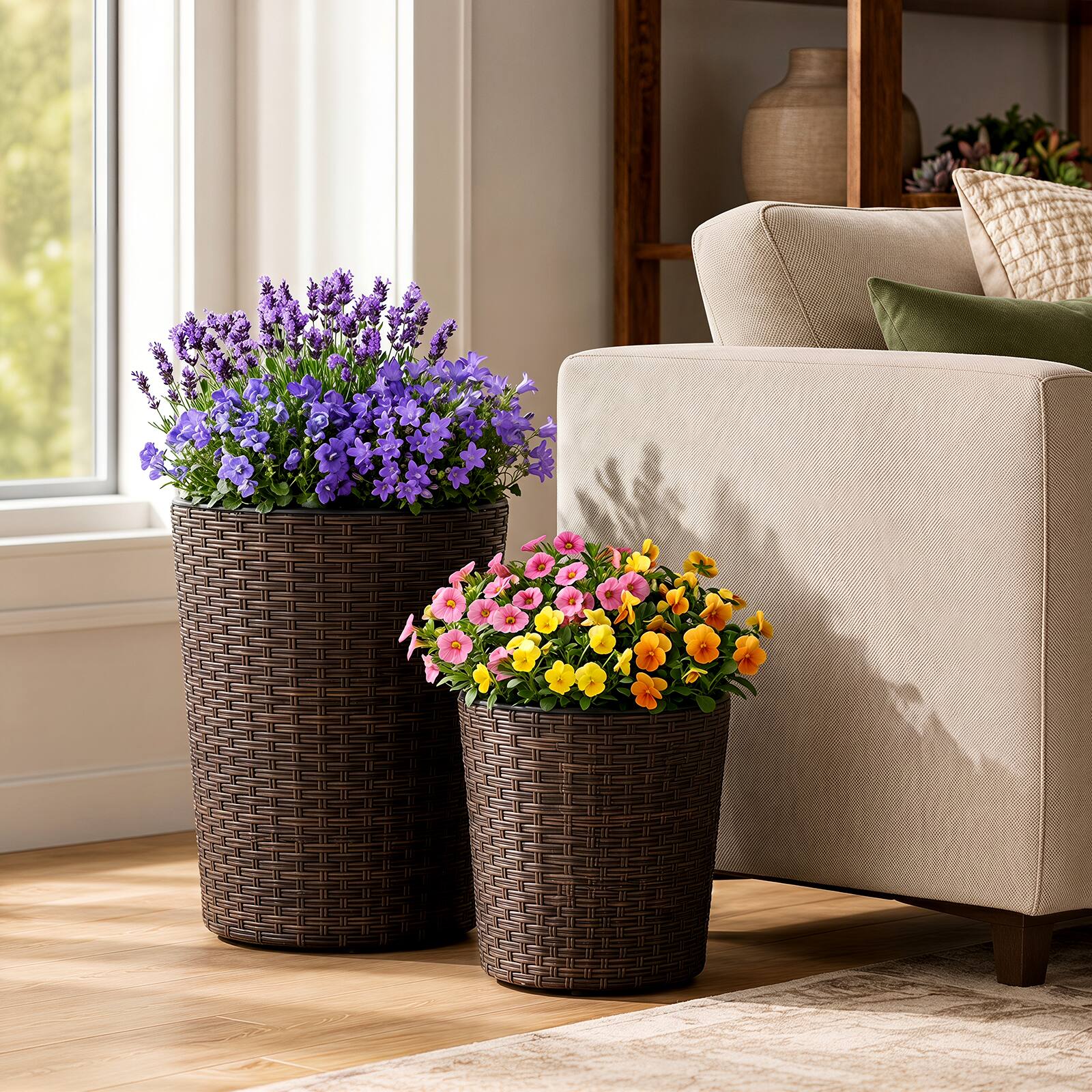 Alt View 3. Costway - Costway 3PCS Plastic Planters, 14 & 11 & 9 Inch Taper Rattan Planters with Drainage Holes - Brown.