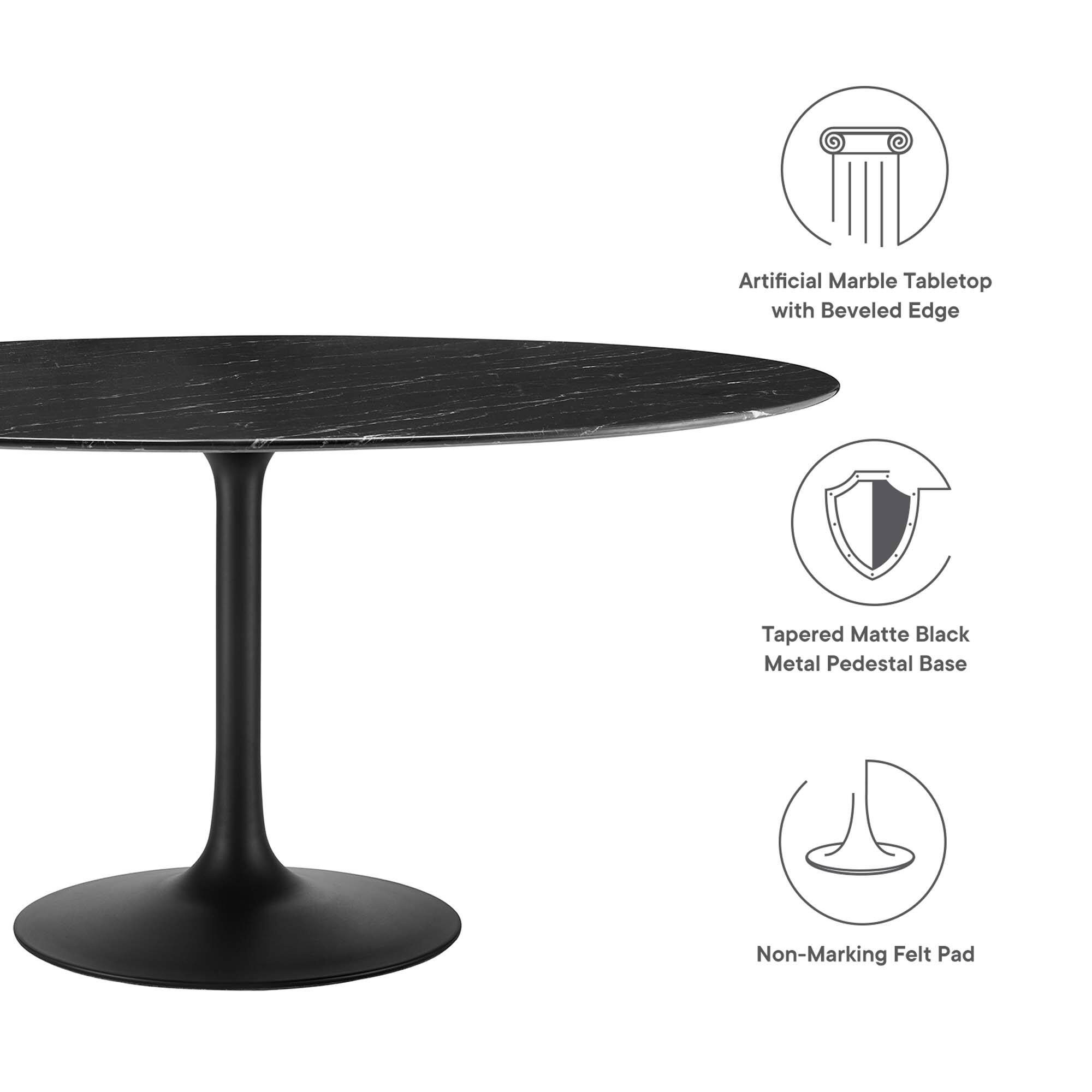 Artificial Marble Tabletop with Beveled Edge  
Tapered Matte Black Metal Pedestal Base  
Non-Marking Felt Pad