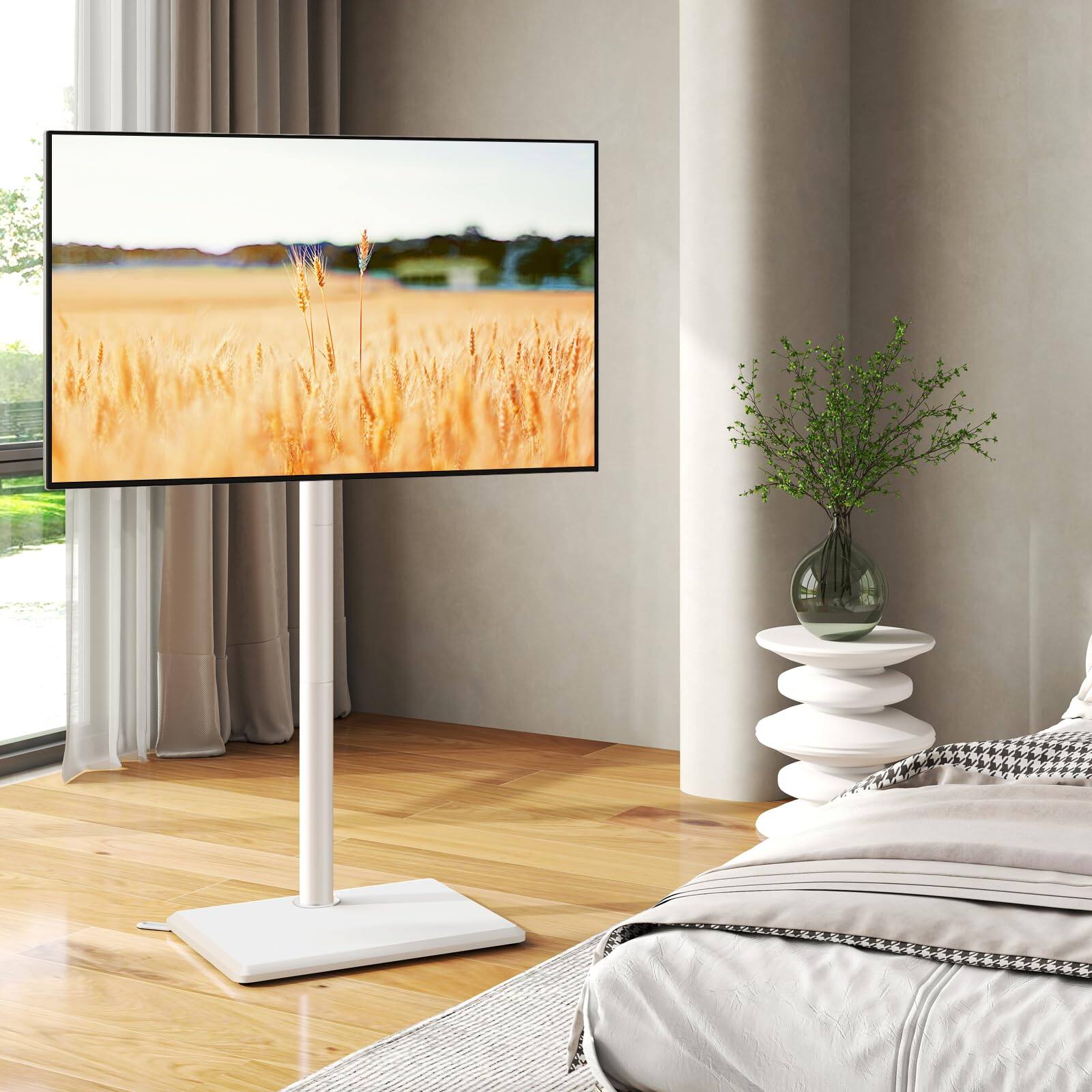 Alt View 5. Refined Abode Design - Floor Tv Stand With Mount For 32 Flat/curved Tvs Up To Height Adjustable Wood Base Swivel Bedroom Corner & - WHITE Wooden Base.