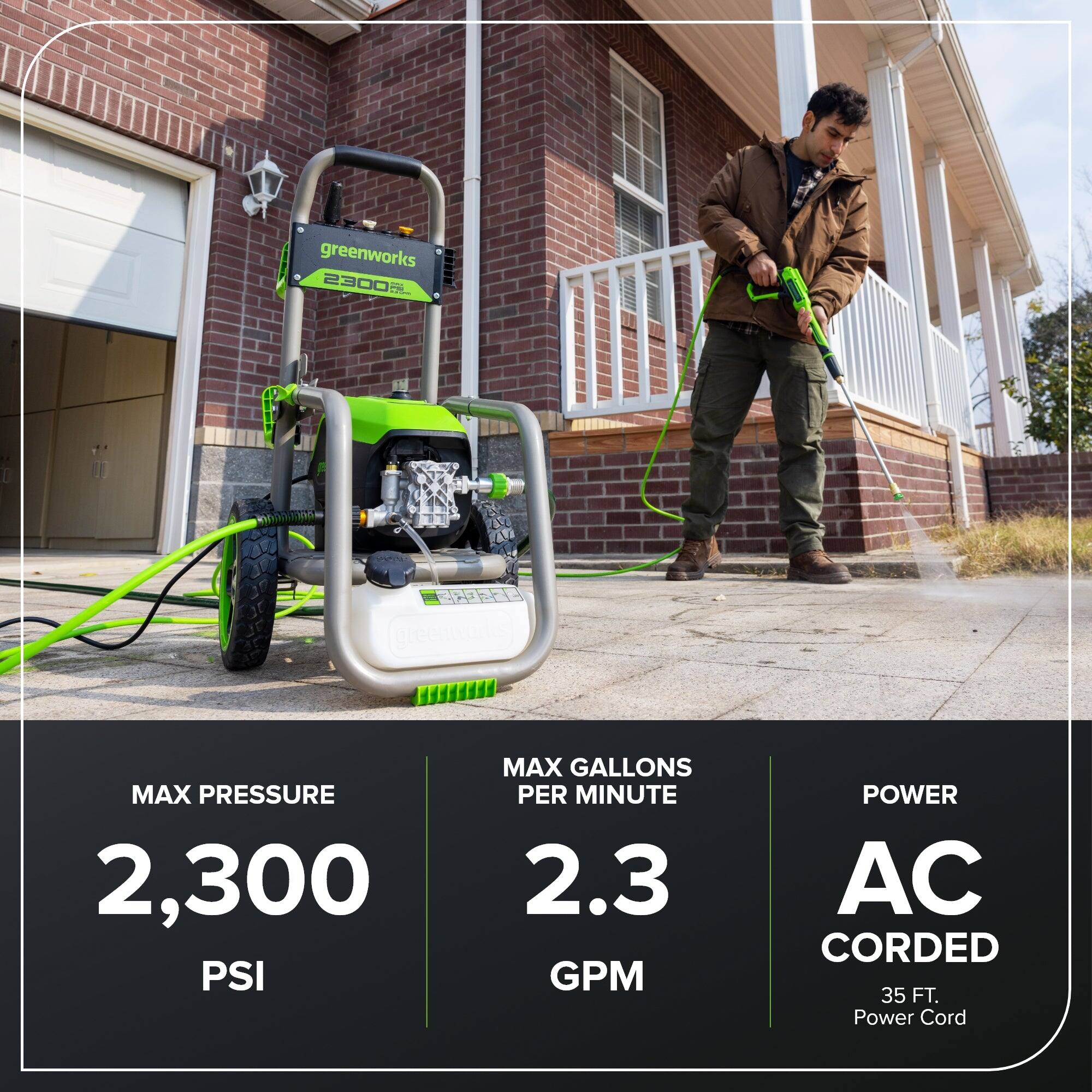greenworks 2300  
MAX PRESSURE 2,300 PSI  
MAX GALLONS PER MINUTE 2.3 GPM  
POWER AC CORDED  
35 FT. Power Cord