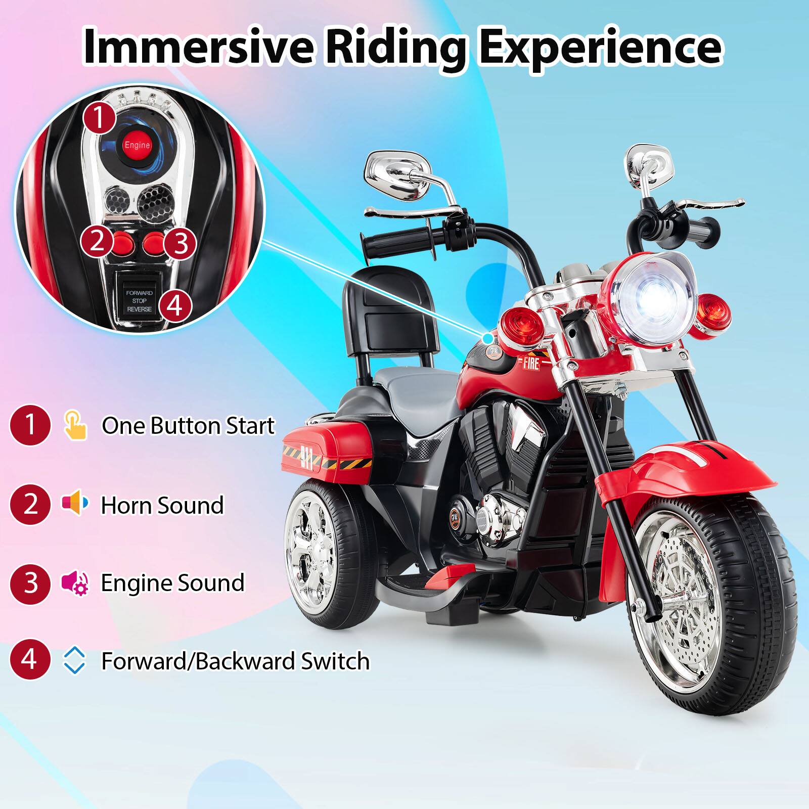 Immersive Riding Experience

1. One Button Start
2. Horn Sound
3. Engine Sound
4. Forward/Backward Switch
