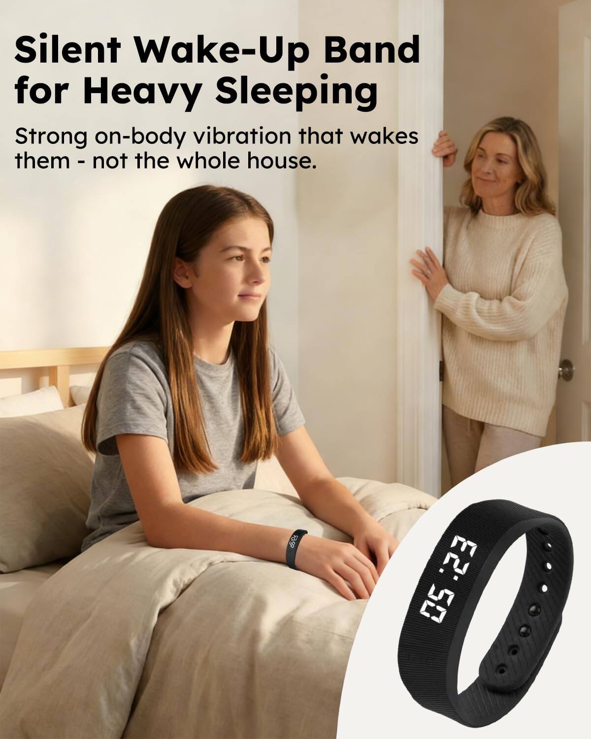 Silent Wake-Up Band for Heavy Sleeping  
Strong on-body vibration that wakes them - not the whole house.
