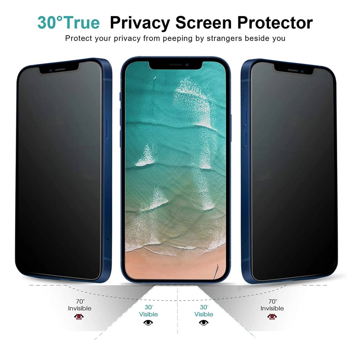 30° True Privacy Screen Protector  
Protect your privacy from peeping by strangers beside you  

70° Invisible  
30° Visible  
30° Visible  
70° Invisible