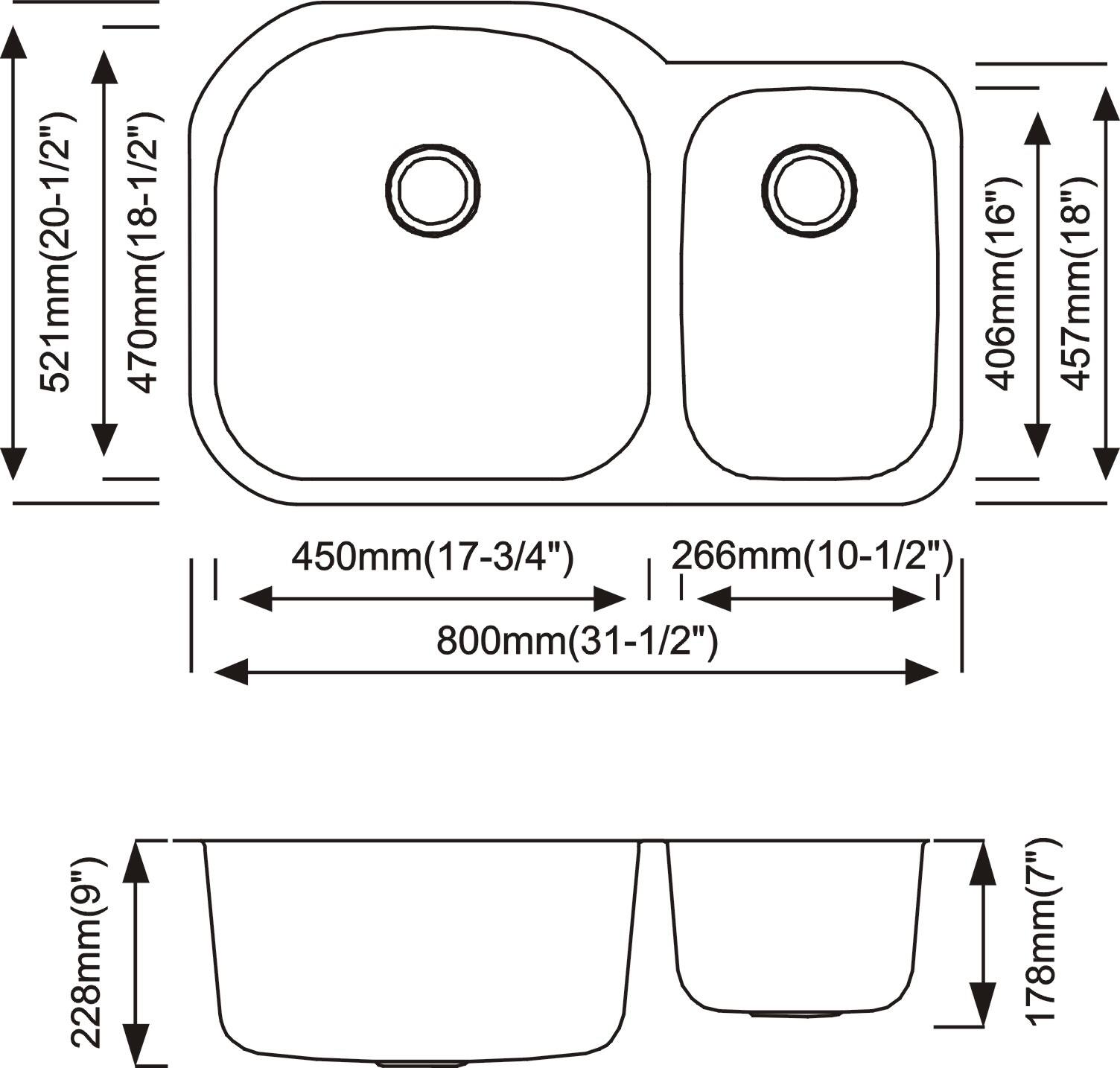 521mm (20-1/2")  
470mm (18-1/2")  
406mm (16")  
450mm (17-3/4")  
266mm (10-1/2")  
800mm (31-1/2")  
457mm (18")  
228mm (9")  
178mm (7")