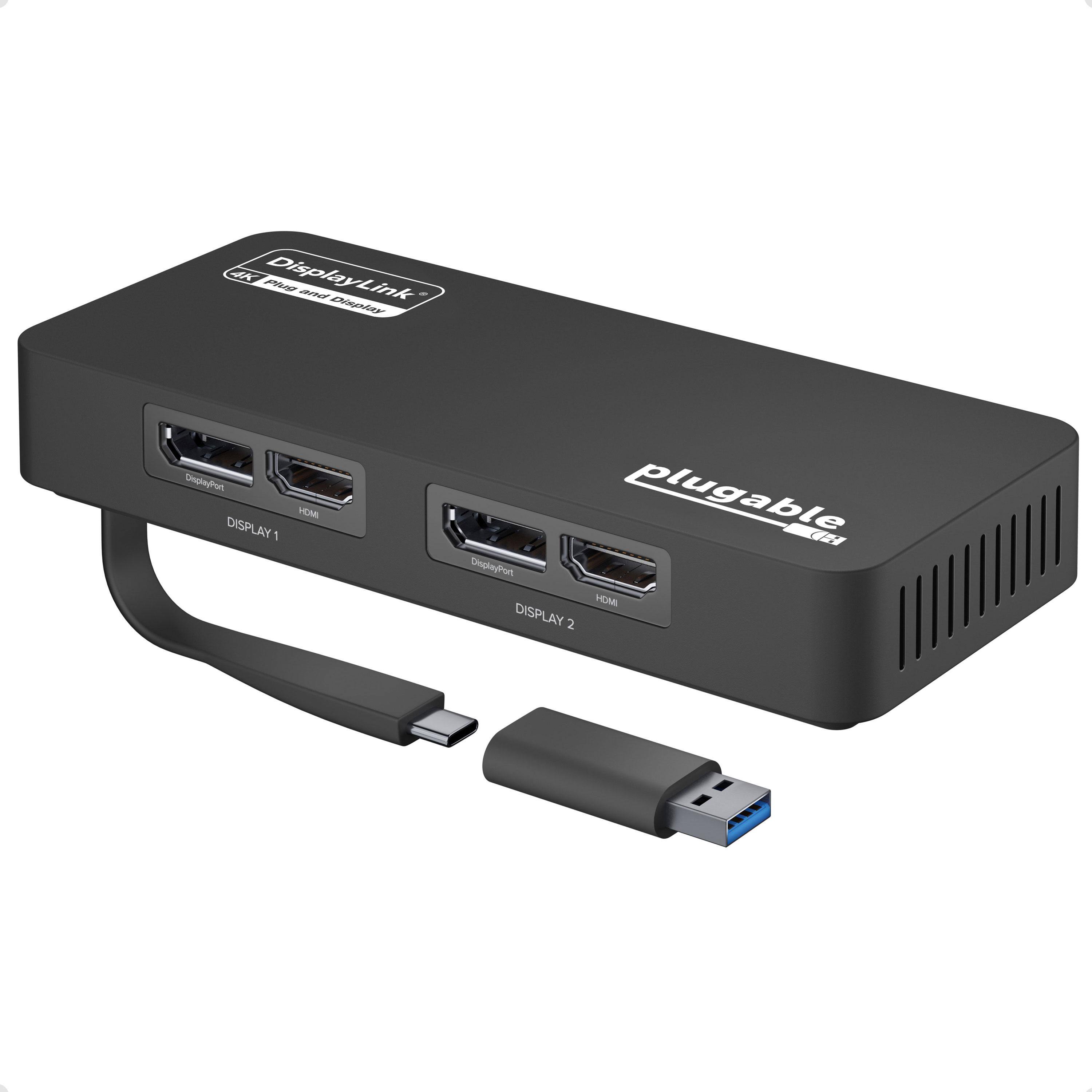 Plugable - 4K DisplayPort and HDMI Dual Monitor Adapter for USB 3.0 and USB-C - Compatible with Windows and Mac - Black