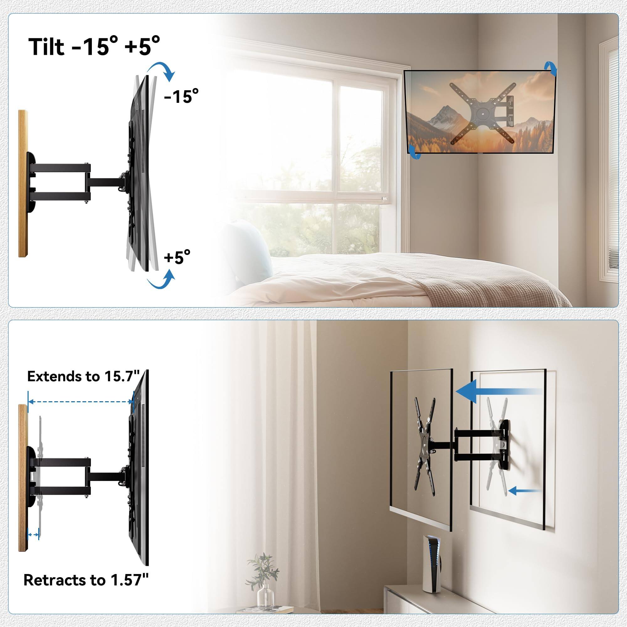Tilt -15° +5°  
Extends to 15.7"  
Retracts to 1.57"